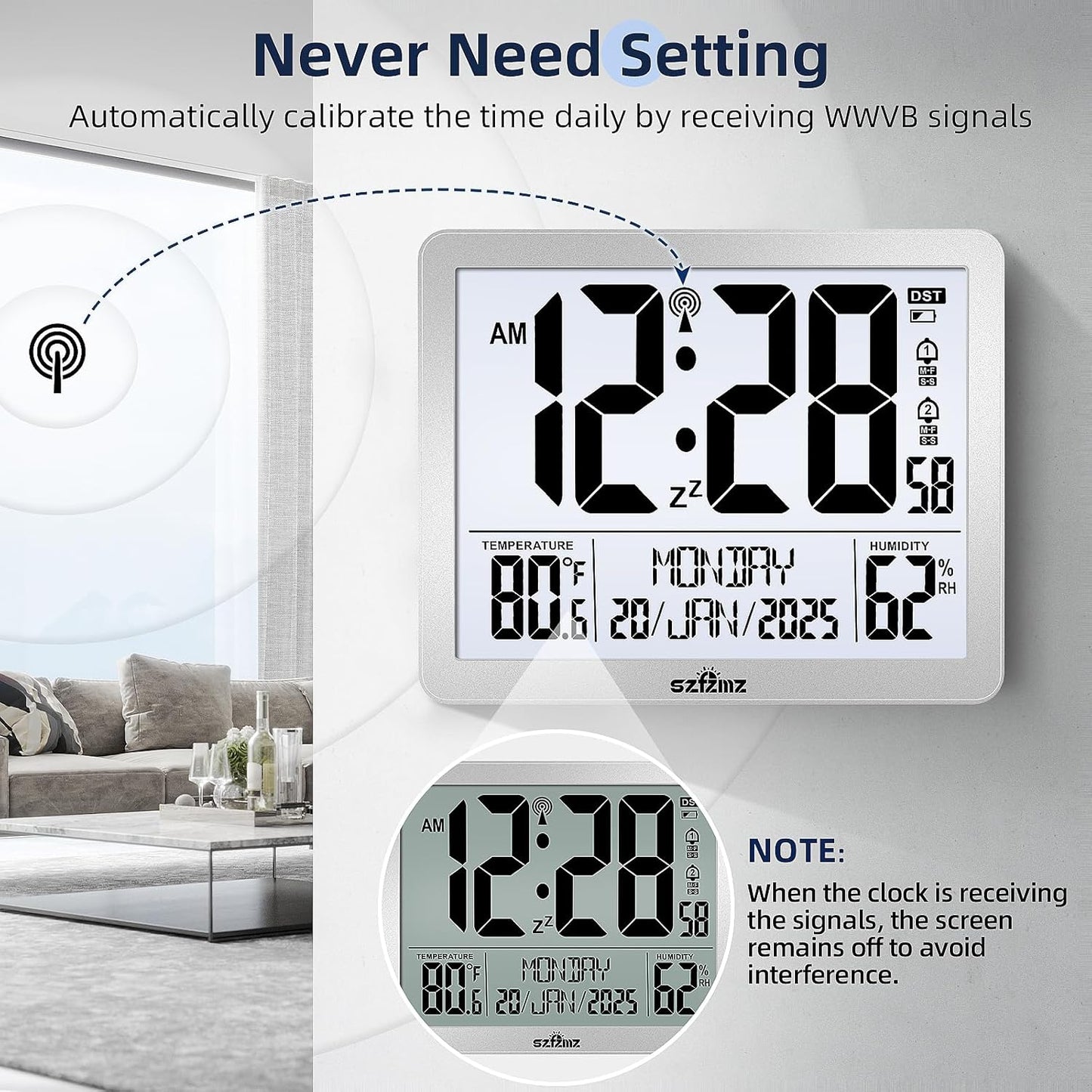 Digital Wall Clock Battery Operated with Backlight, Atomic Alarm Clocks with Indoor Temperature & Humidity for Bedrooms, Office, 8.5" Small Desk Clock with Large Display for Seniors, Auto DST, Sliver