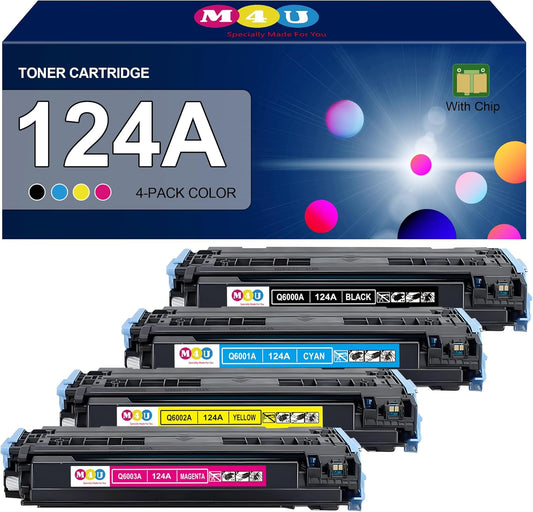 124A Toner Cartridges 4 Pack(with Chip) Remanufactured Compatible for 124A Q6000A Q6001A Q6002A Q6003A 124A Toner use for Color 2600n 1600 2605 1015 1017 Series Printer(Black Cyan Magenta Yellow)