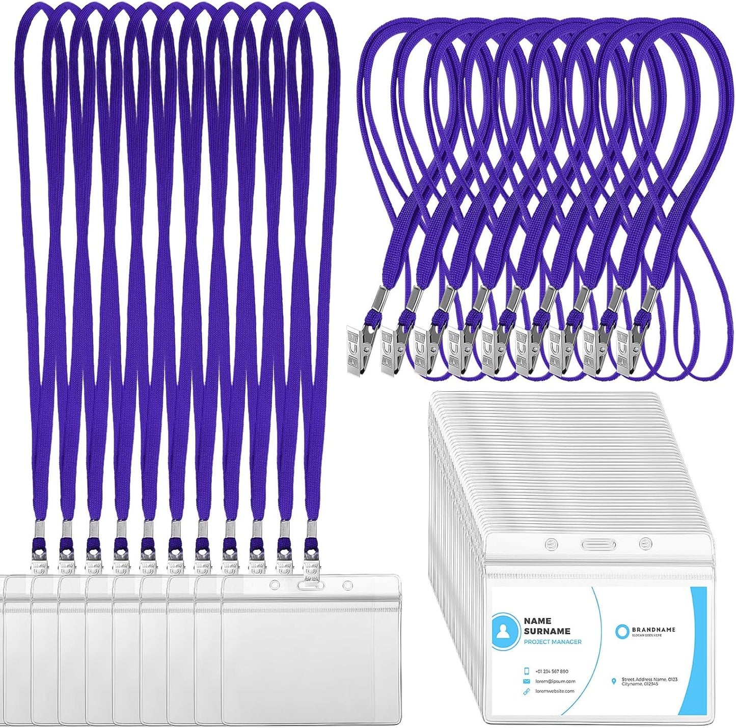 Marspark 100 Sets Clear Name Tags with Lanyard, Lanyards for ID Badges Reusable Strap with ID Holder Plastic Name Badges for Adults Business School Church Conference (Dark Purple)