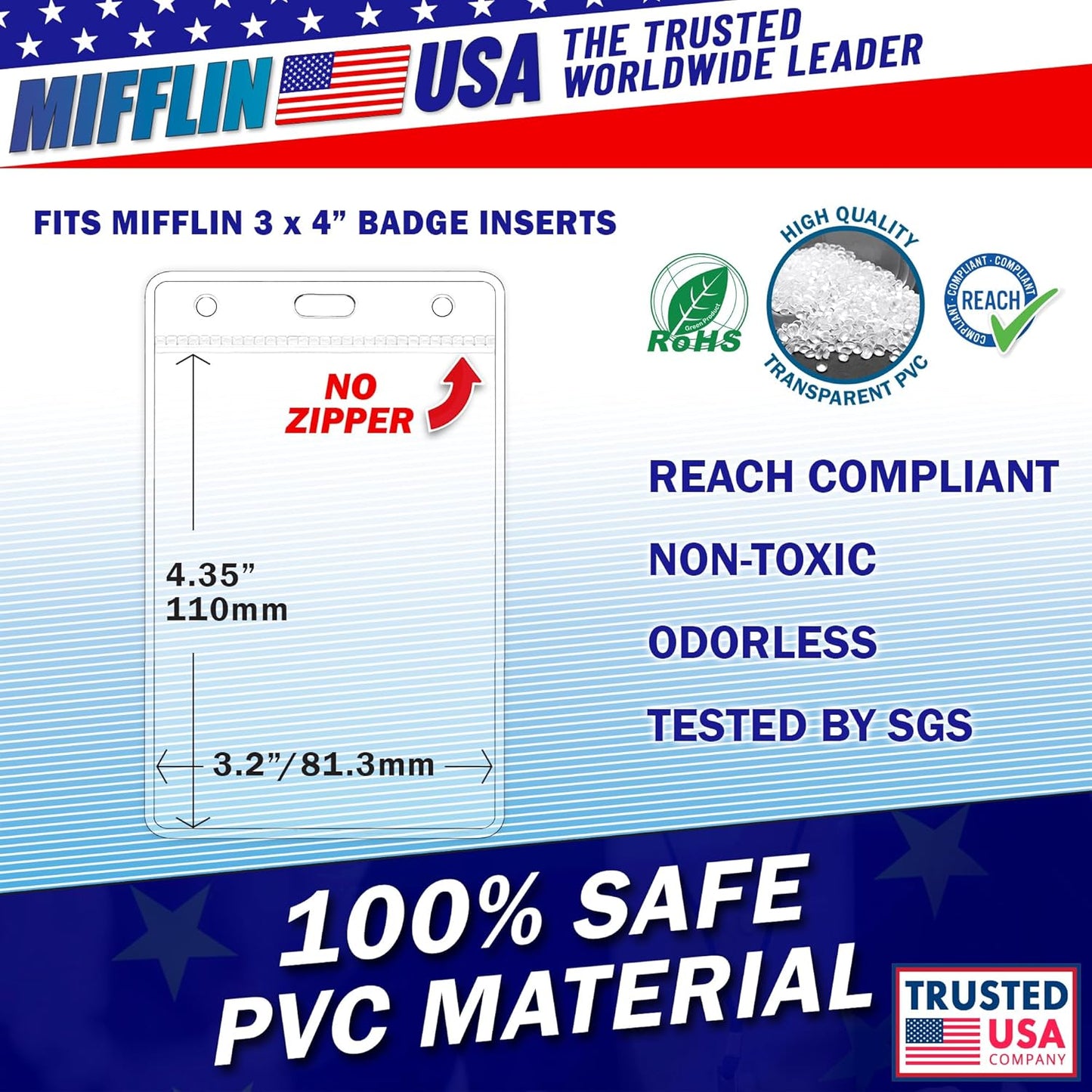 Mifflin-USA Plastic Vertical Card Holder (3x4 Inch, Clear, Bulk 100 Pack) Quick Load No Zipper Name ID Badge