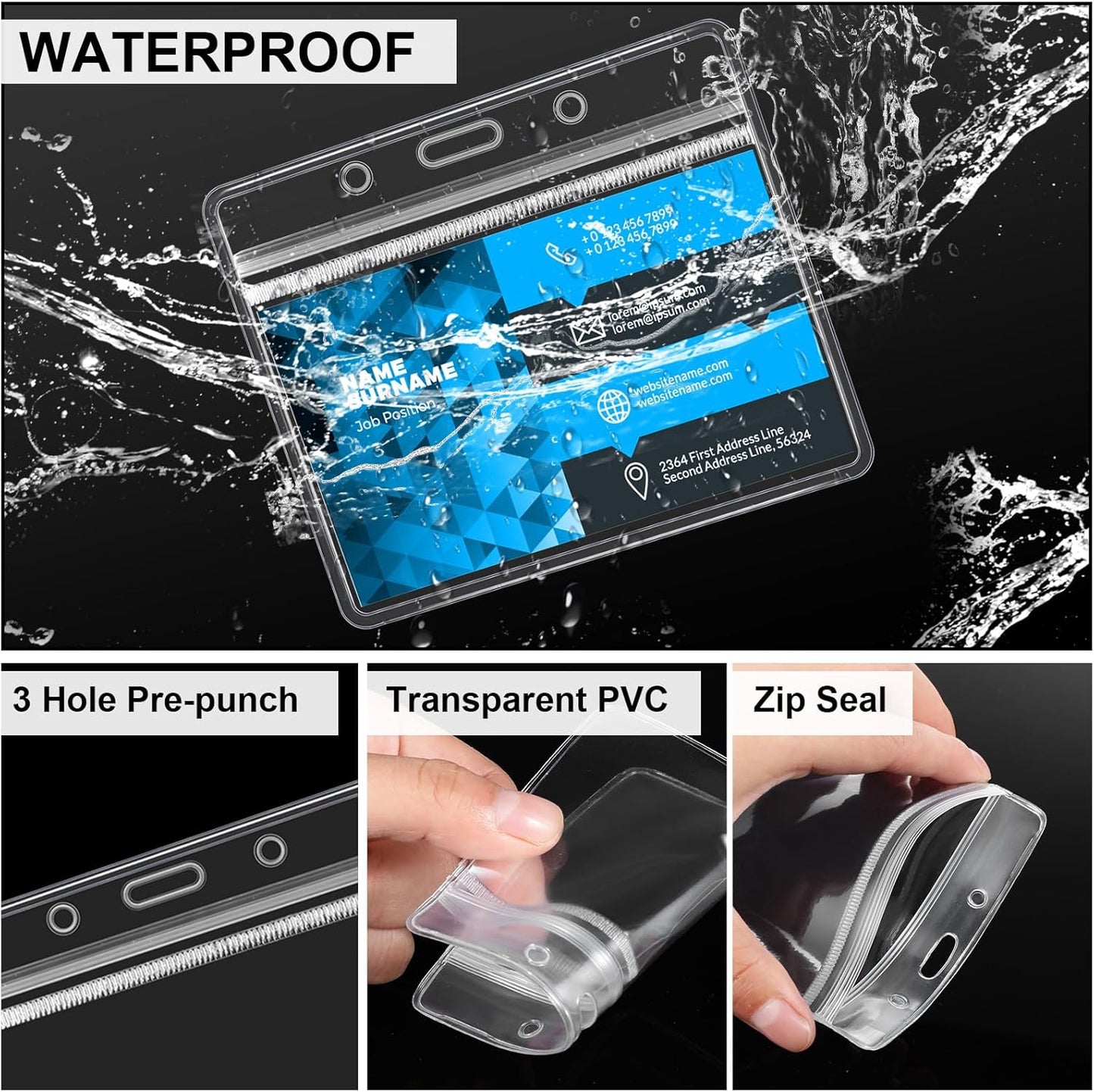 Marspark 100 Sets Clear Name Tags with Lanyard, Lanyards for ID Badges Reusable Strap with ID Holder Plastic Name Badges for Adults Business School Church Conference (Black,Blue)