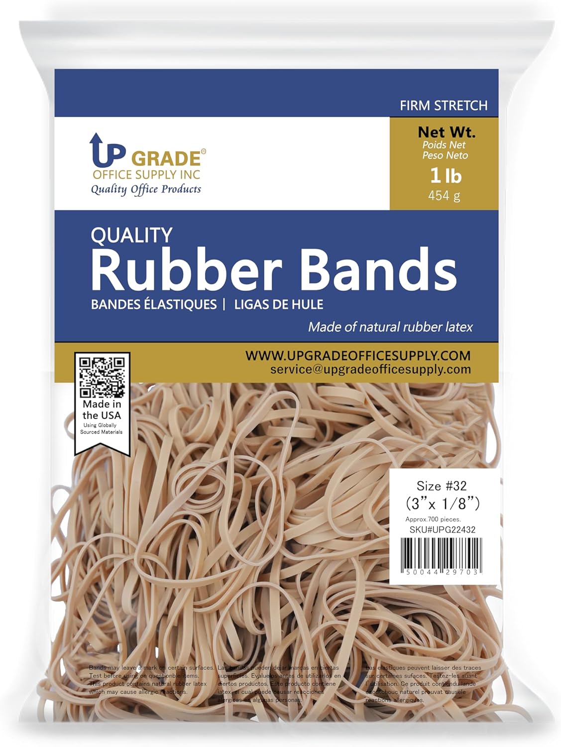 Upgrade Office Supply UPG22432 Rubber Bands, Size 32 (3 x 1/8), 700 Count, 1 lb Bag, USA