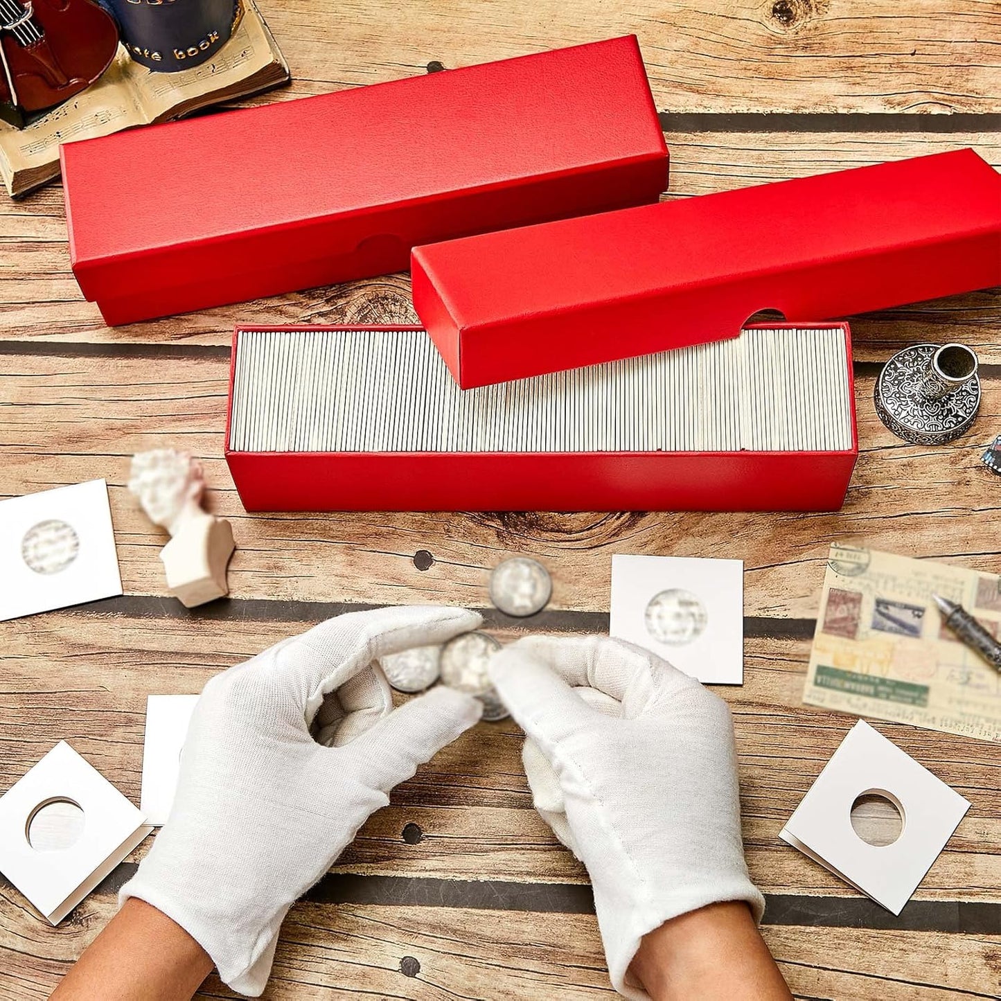 Teling 8 Pcs Coin Storage Box 2x2inch Flip Holders Collectors Coin Supplies Holders for Cents Collection Cardboard (Red)