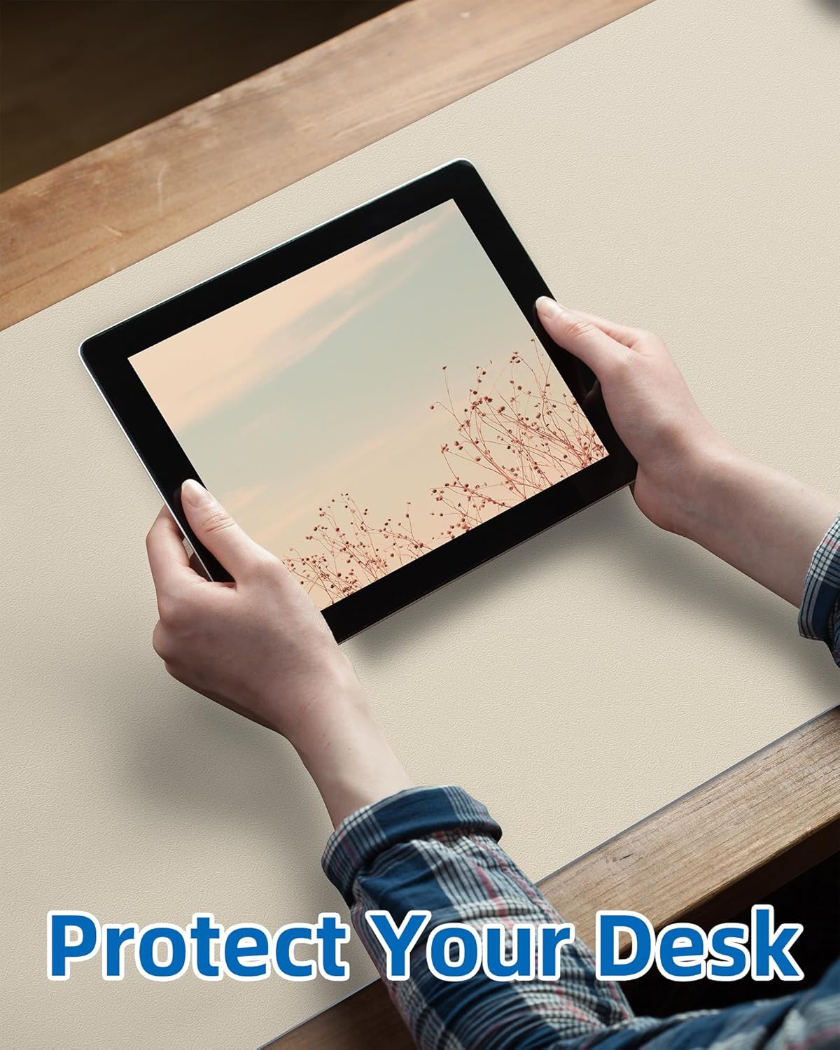 AFIING Leather Desk Pad Protector, Mouse Pad, Office Desk Mat, Non-Slip PU Leather Desk Blotter, Large Desk Mat, Waterproof Keyboard Mat for Office/Home/Decor (Beige, 55" x 17")