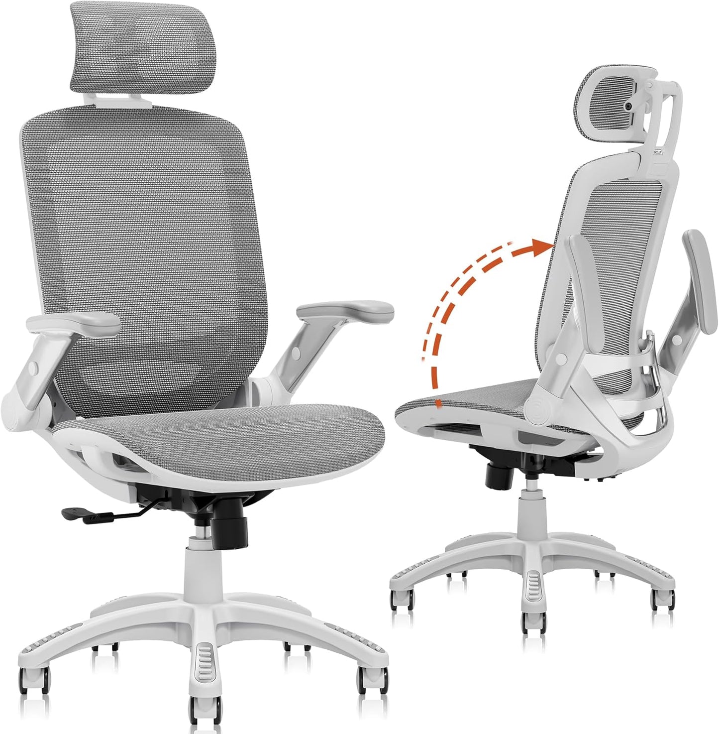 GABRYLLY Ergonomic Office Chair, High Back Home Desk Chair with Headrest, Flip-Up Arms, 90-120° Tilt Lock and Wide Cushion, 400LBS Mesh Chairs for Man Woman, White Task Chair(Dark Grey,GY01WDG)