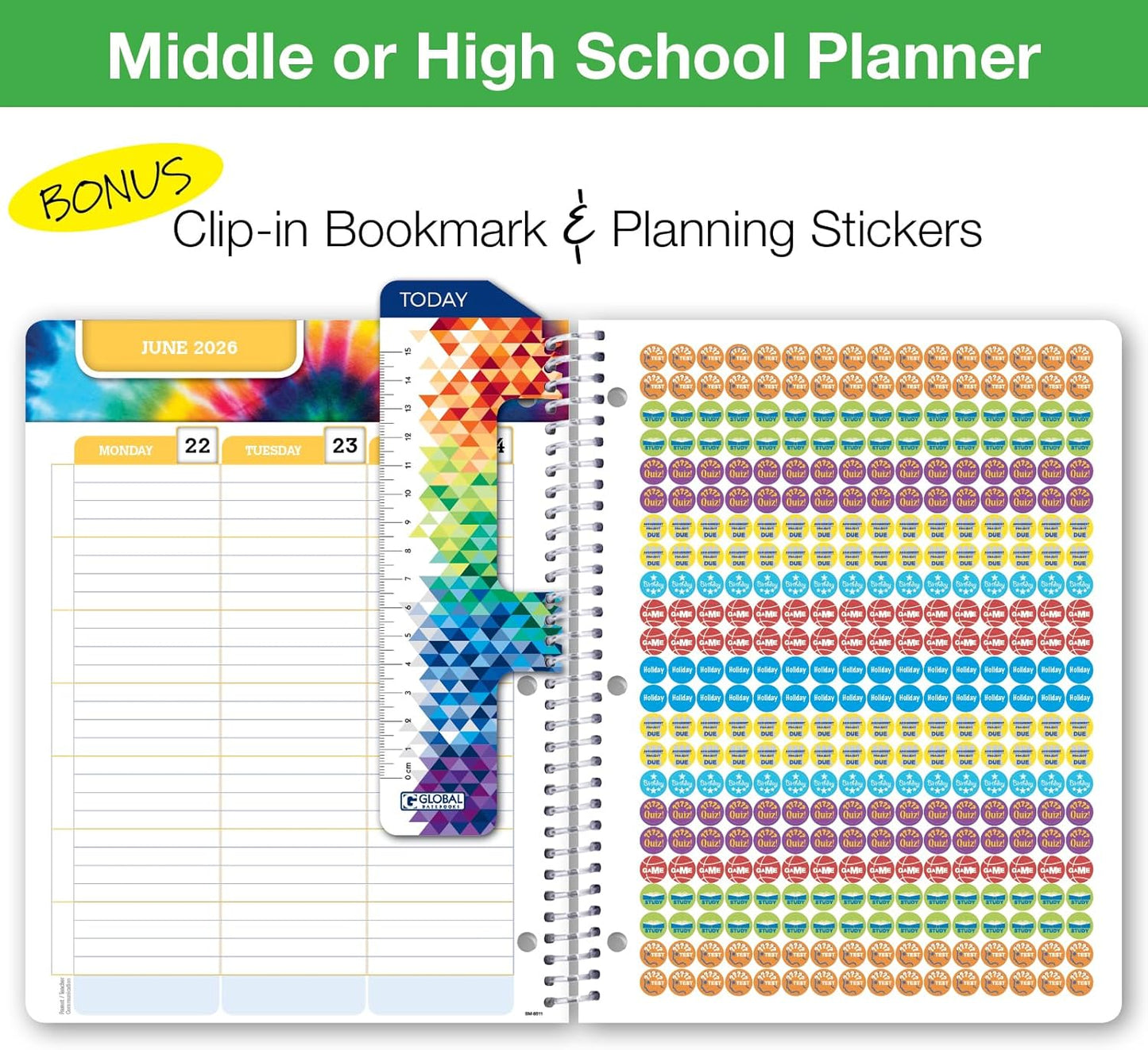 Global Datebooks Dated Middle School or High School Student Planner for Academic Year 2025-2026 Includes Ruler/Bookmark and Planning Stickers (Matrix Style - 8.5"x11" - Rainbow Silhouette)