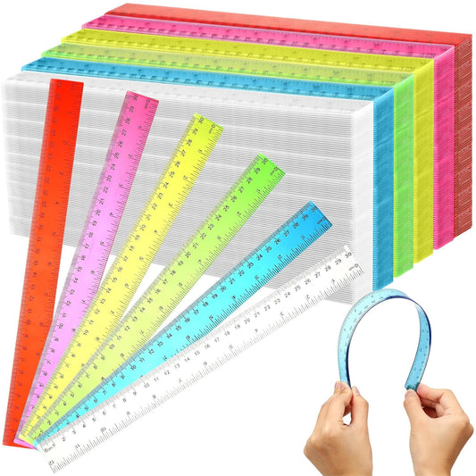 Fumete 600 Pack 12 Inch Plastic Rulers Bulk for Classroom Back to School Supplies Flexible Transparent Assorted Color Ruler with Centimeters and Inches for Office Teacher Student