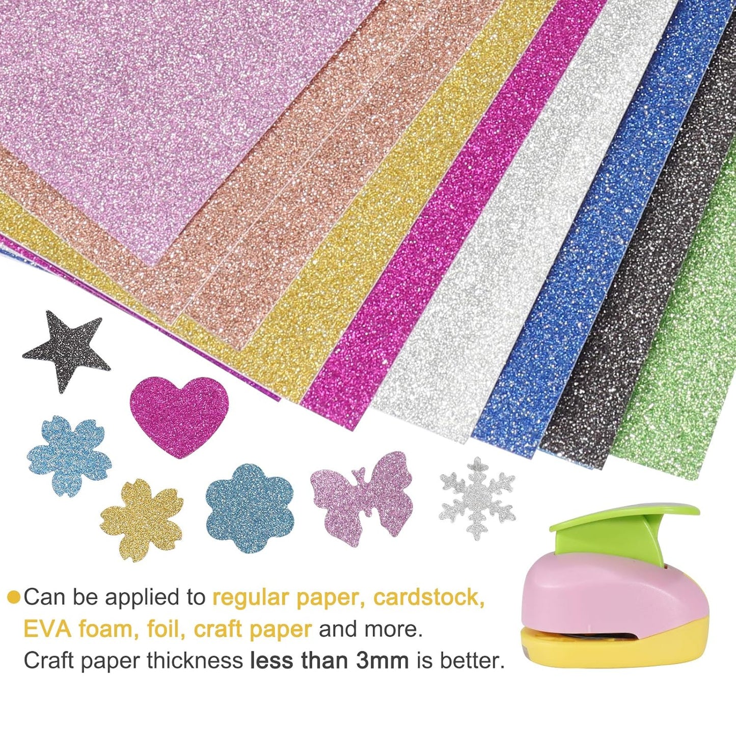 6 Pcs Colorful Craft Hole Punch with 10 Glitter Cardstock Papers, Decorative Scrapbook Paper Puncher Set, Different Shape Paper Hole Puncher Set for Office Supplies (6 Pcs- Different Shapes)
