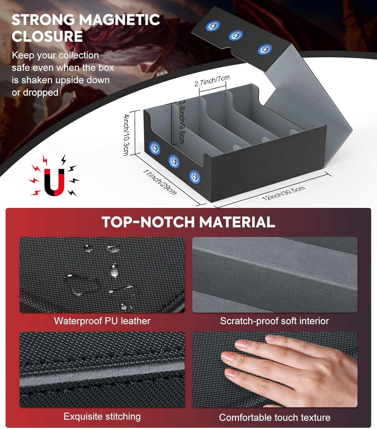 MoKo Trading Card Storage Box, 3000+ MTG Deck Box with 24 Colorful Dividers & 4 Card Supporters, Commander Card Deck Case Fits for Magic Game Cards, YugiOh, TCG, PTG and Sport Cards, Black Grey