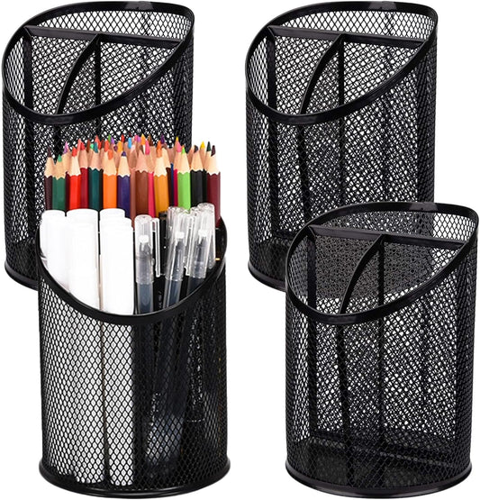 Nicunom 4 Pack Pen Holder Mesh Pencil Holder Round Pen Cup for Desk, 3 Compartments Desktop Pencil Organizer for Office Home School, Black
