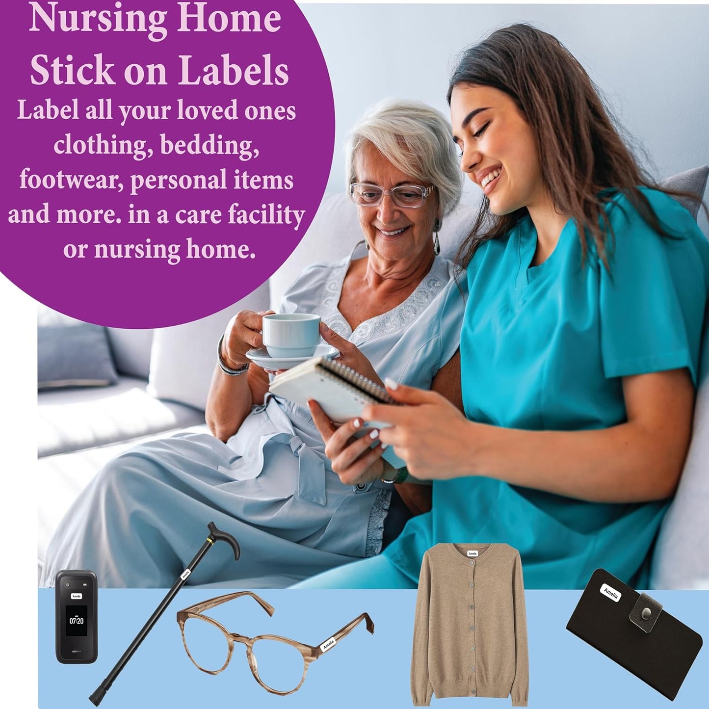 Personalized Waterproof Name Labels Press and Stick Custom Name Stick on Clothing Labels. Customized Up to 3 Lines Great for Camp & Daycare (Choose Your Background and Border and Font)