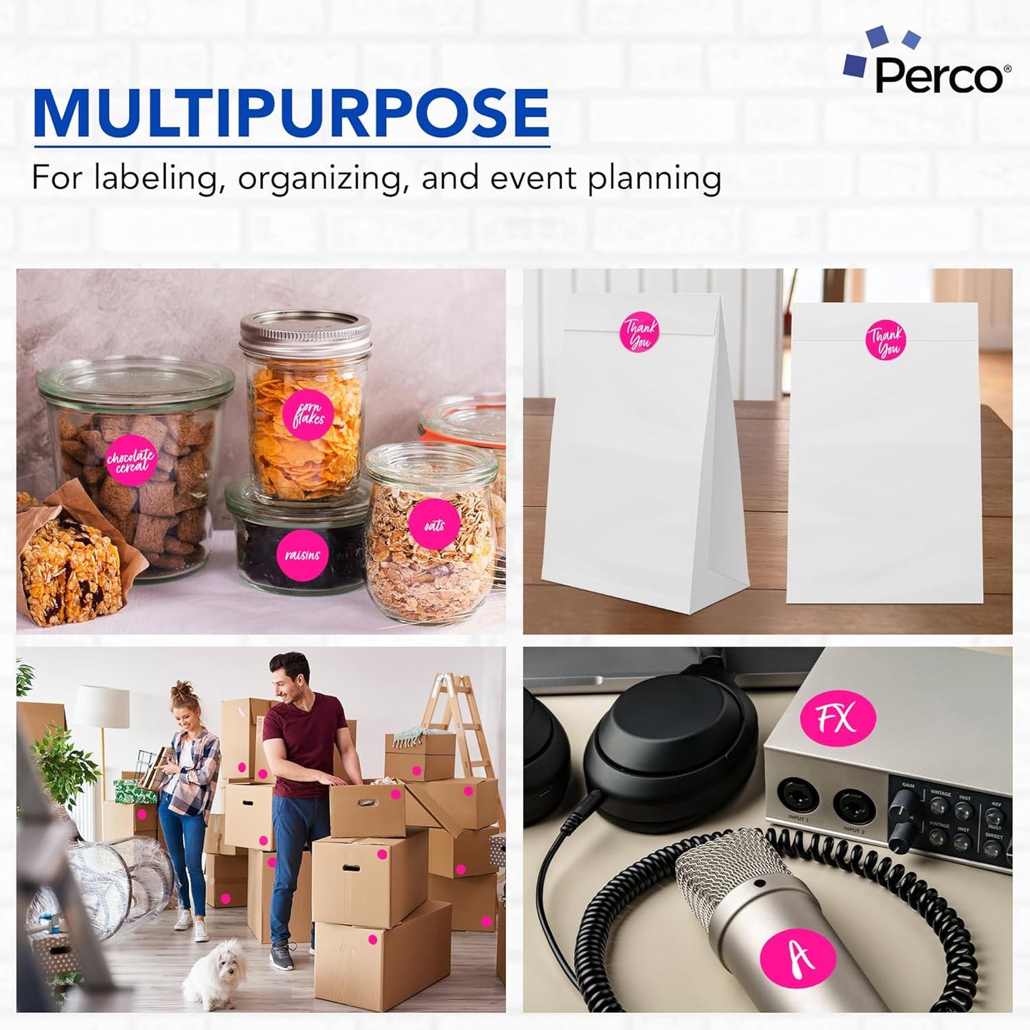 Perco Fluorescent Pink 2-Inch Round Circle Dot Sticker Labels with Easy Peel Perforation - 500 Labels per Roll - Strong Adhesion, Vibrant Colors for Organizing, Crafting & More - Made in USA