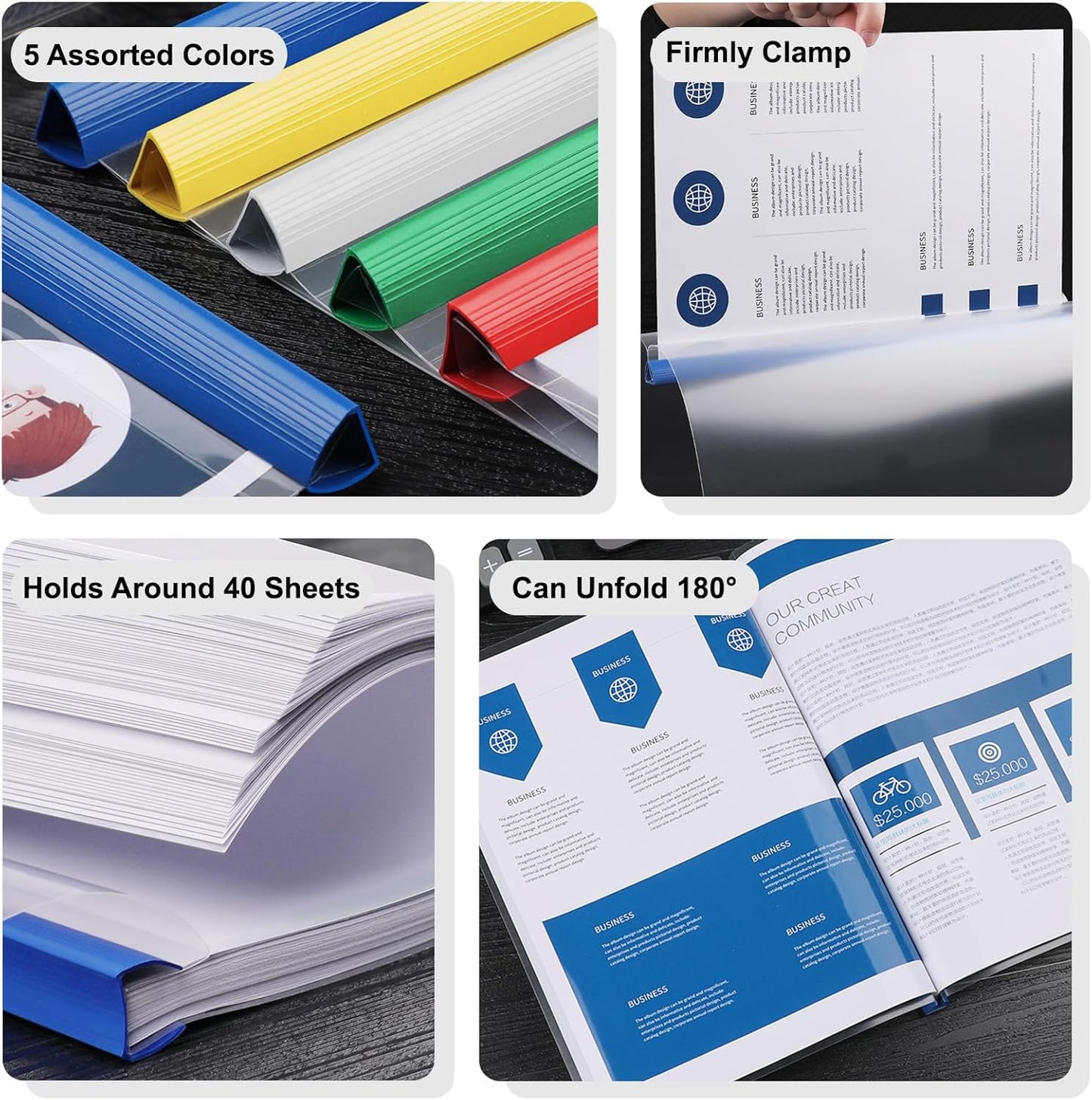 JOERSH 20Pcs Clear Report Covers with Sliding Bar, 40 Sheet Capacity Plastic Binder Paper Protector, Report Folders with Clear Cover for Resume File Documents, 5 Colors