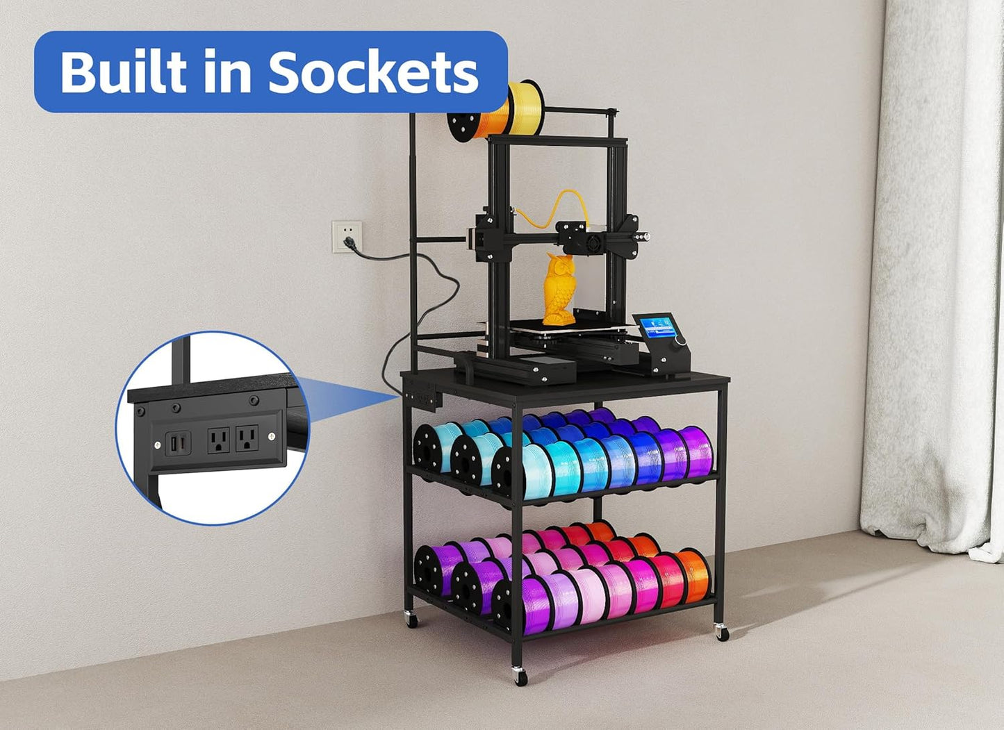 3D Printer Stand with 60pcs Filament Storage,3 Tier 3D Printer Table with Wheels, Heavy 3D Printer Stand with Storage for Studio, Home Office, Workshop