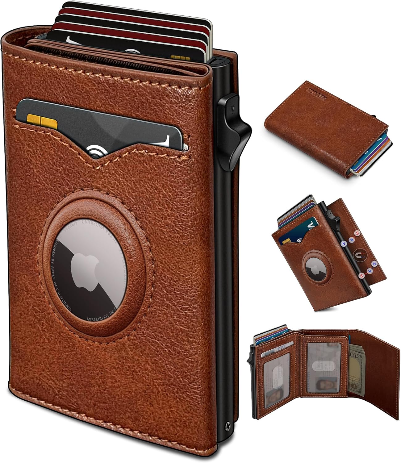 Airtag Wallet for Men,with Cash Pocket 2 ID Window 9-12 Cards,Metal Case Smart Slim Pop Up Credit Card Holder Flip with Magnetic Closure RFID Blocking Trifold wallet with Gift Box