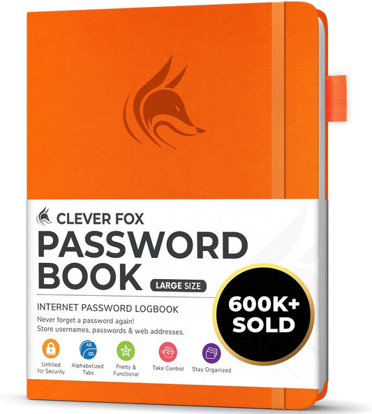 Clever Fox Password Book with alphabetical tabs. Internet Address Organizer Logbook. Large Password Keeper for Website Logins (Orange)