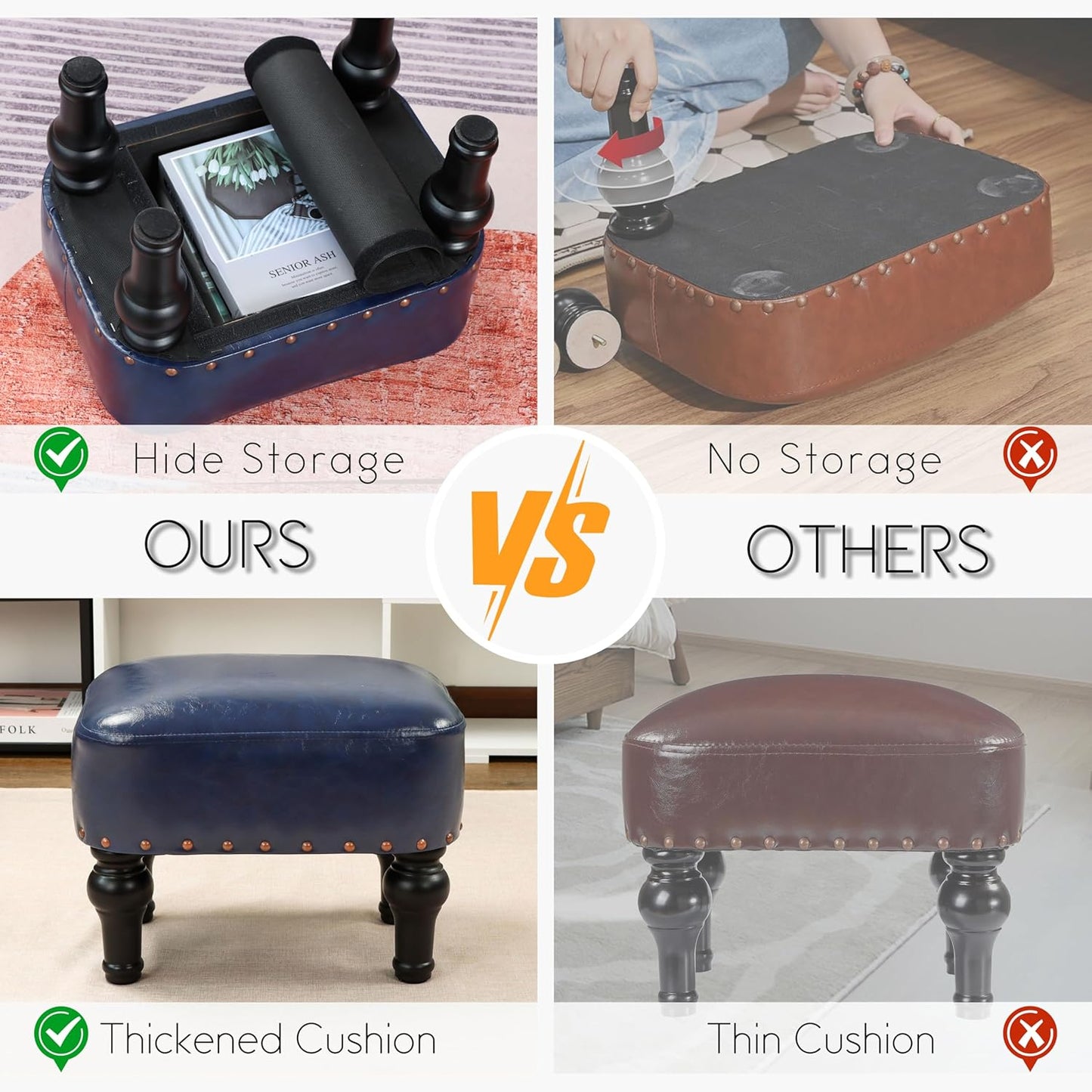 Ottoman Leather Foot Rest with Thicker Foam Padded Seat, Footstool with Wooden Legs (Blue)