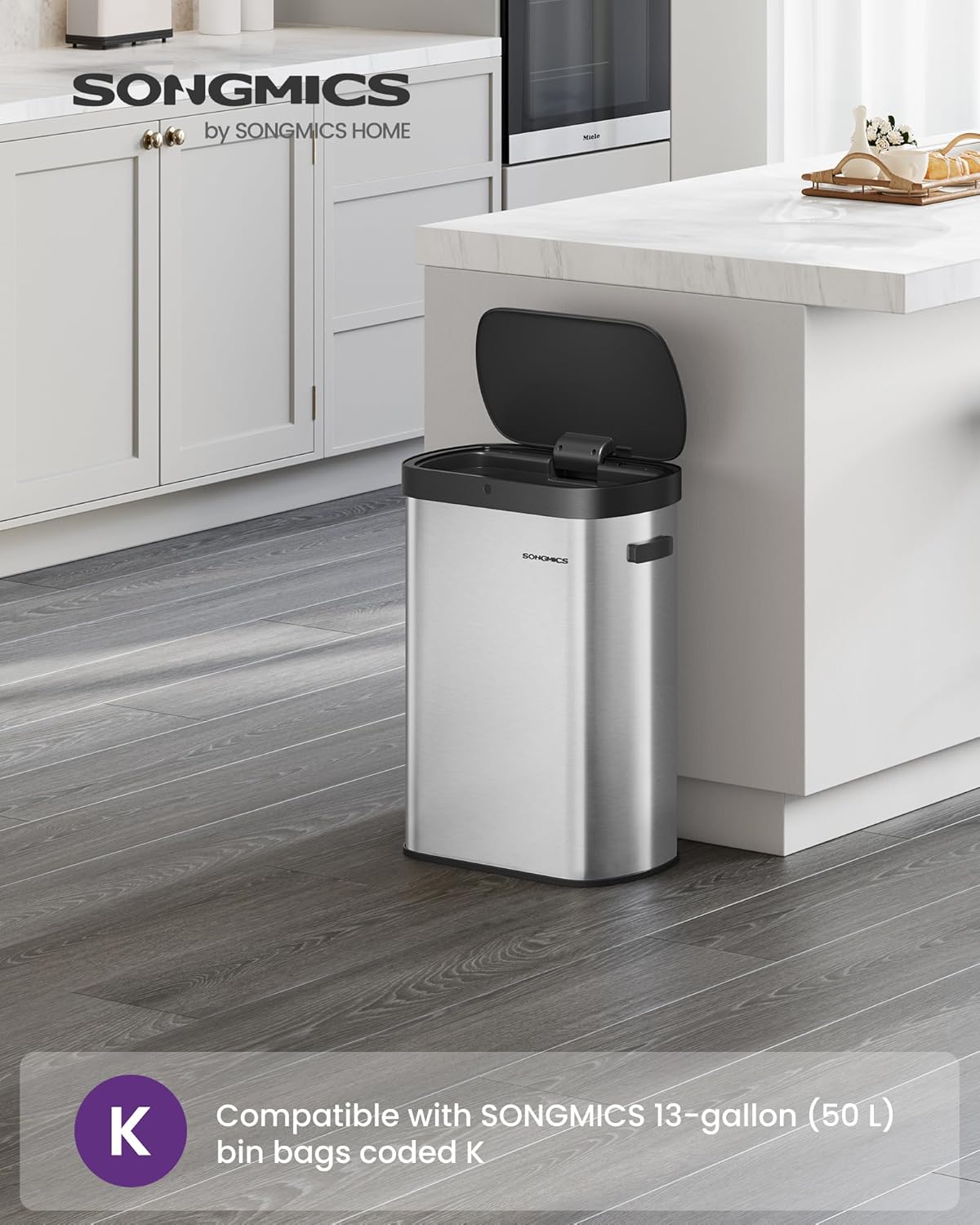 SONGMICS Motion Sensor Trash Can, 13-Gallon (50 L) Automatic Garbage Can with Soft Close Lid, Stainless Steel, Wave or Touch to Open, Includes 15 Bags, Metallic Silver and Ink Black ULTB640E01