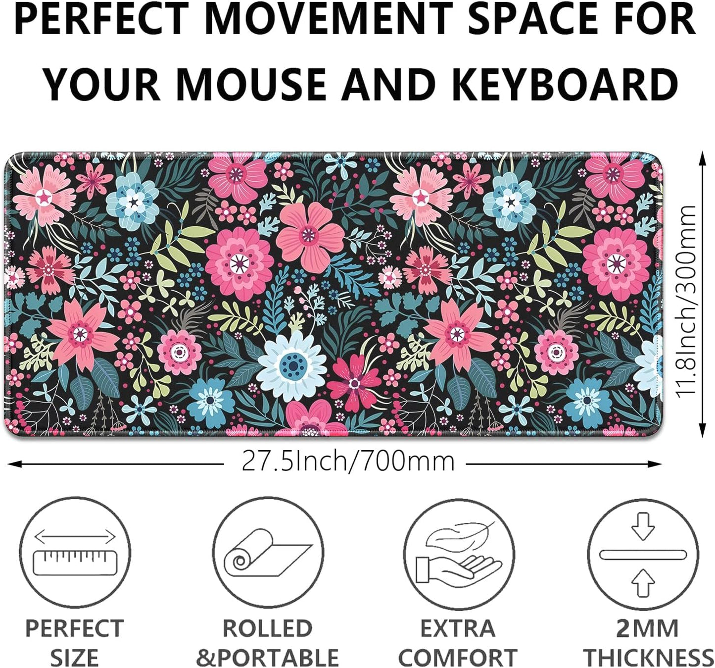 Retro Flowers Mouse Pad,Large Vintage Floral Mousepad Desk Pad with Stitched Edges,Non-Slip Waterproof Rubber Base Mouse Mat for Office Computer Keyboard Laptop Home(27.5x11.8 in)