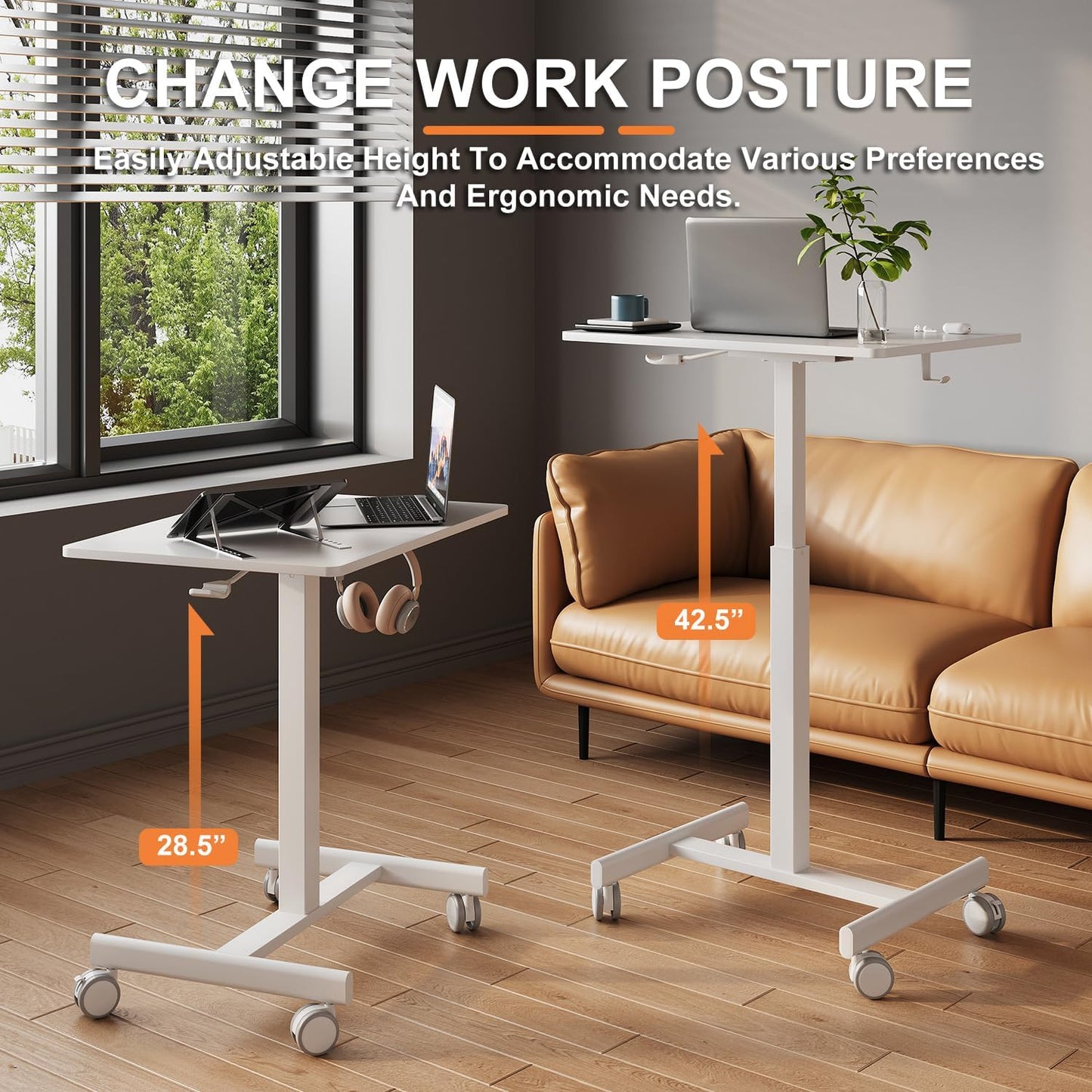 Mobile Small Standing Desk, Gas Spring Adjustable Height Rolling Portable Laptop Desk with Lockable Wheels, Computer Workstation, Rolling Podium (White, 17.8 * 25.5)