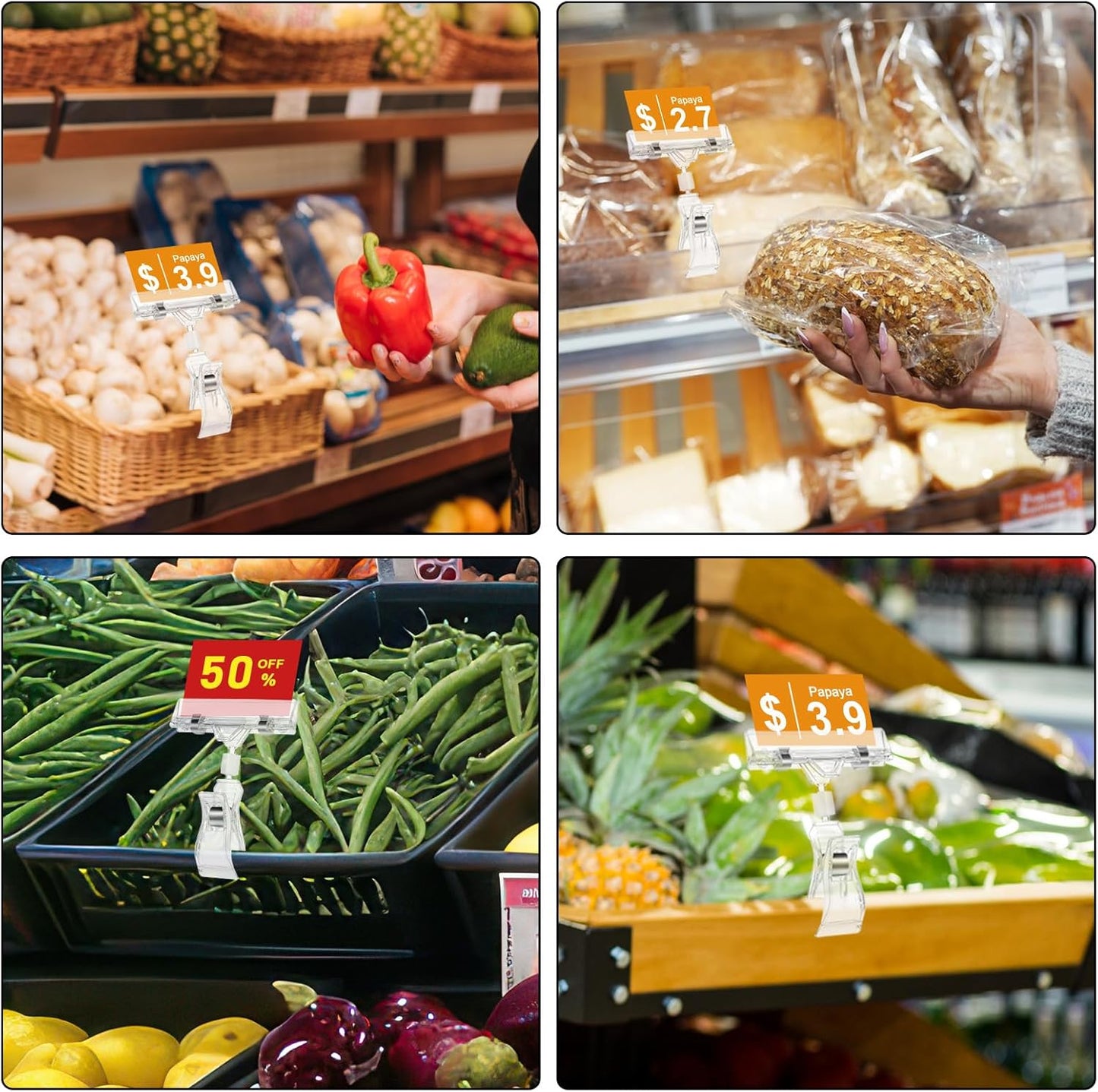 30PCS Clear Sign Clips Plastic Rotatable Pop Clip Sign Holder Stand for Merchandise Display, Sign Holder Clips for Retail, Double Display Clips for Retail Rack, Baskets, Cards