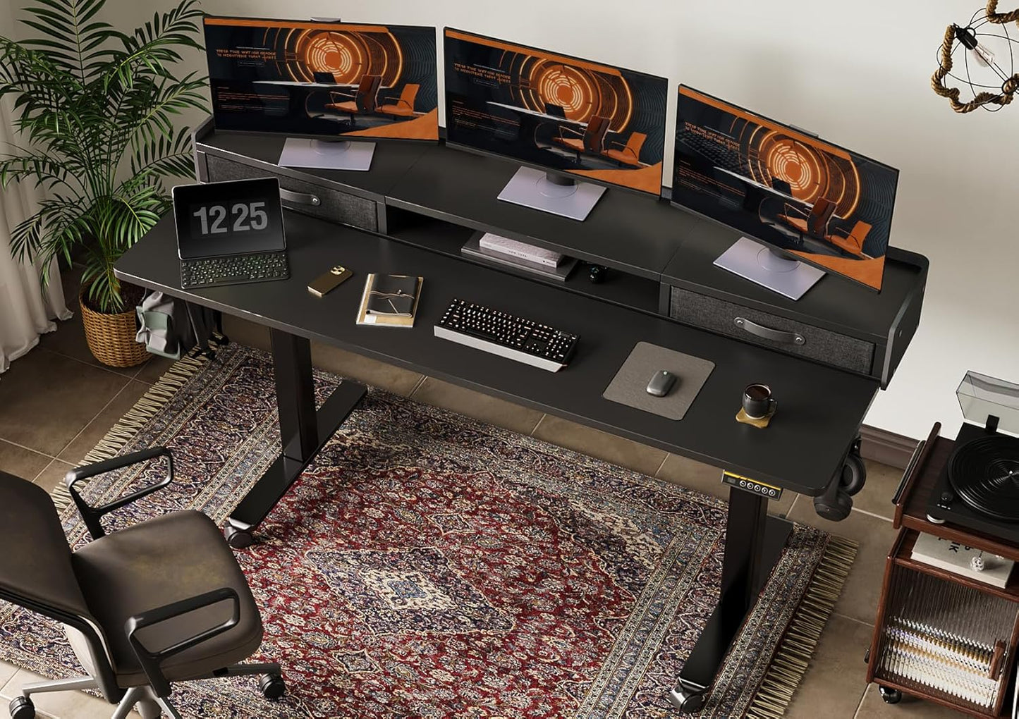 YDN Standing Desk with Drawers, 63 Inch Standing Desk Adjustable Height, Adjustable Electric Stand Up Sit Stand Small with Storage and Shelf, Black