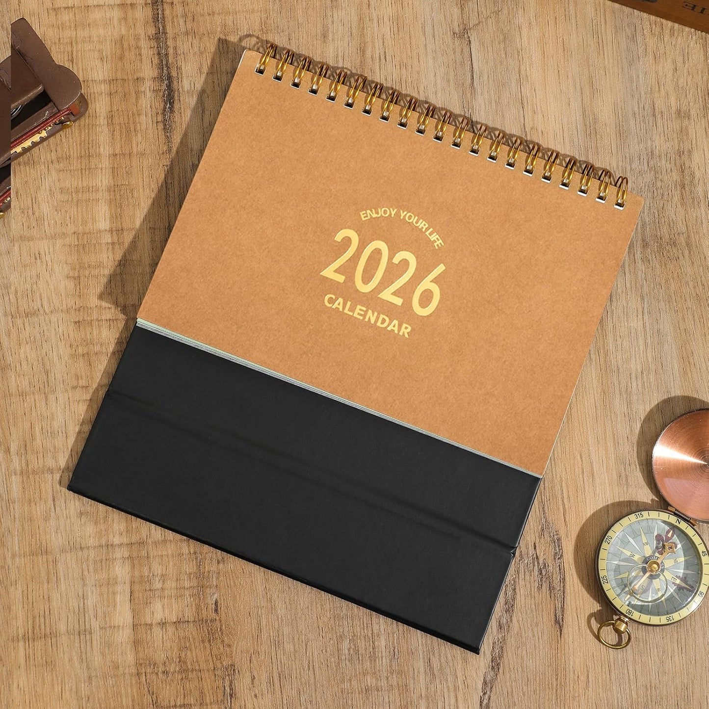 Small Desk Calendar 2025-2026, Standing Flip Desktop Calendar from July 2025 to Dec 2026 - Metal Ring Twin-Wire Binding Monthly Desktop Calendar for Home Office School (kraft paper color)
