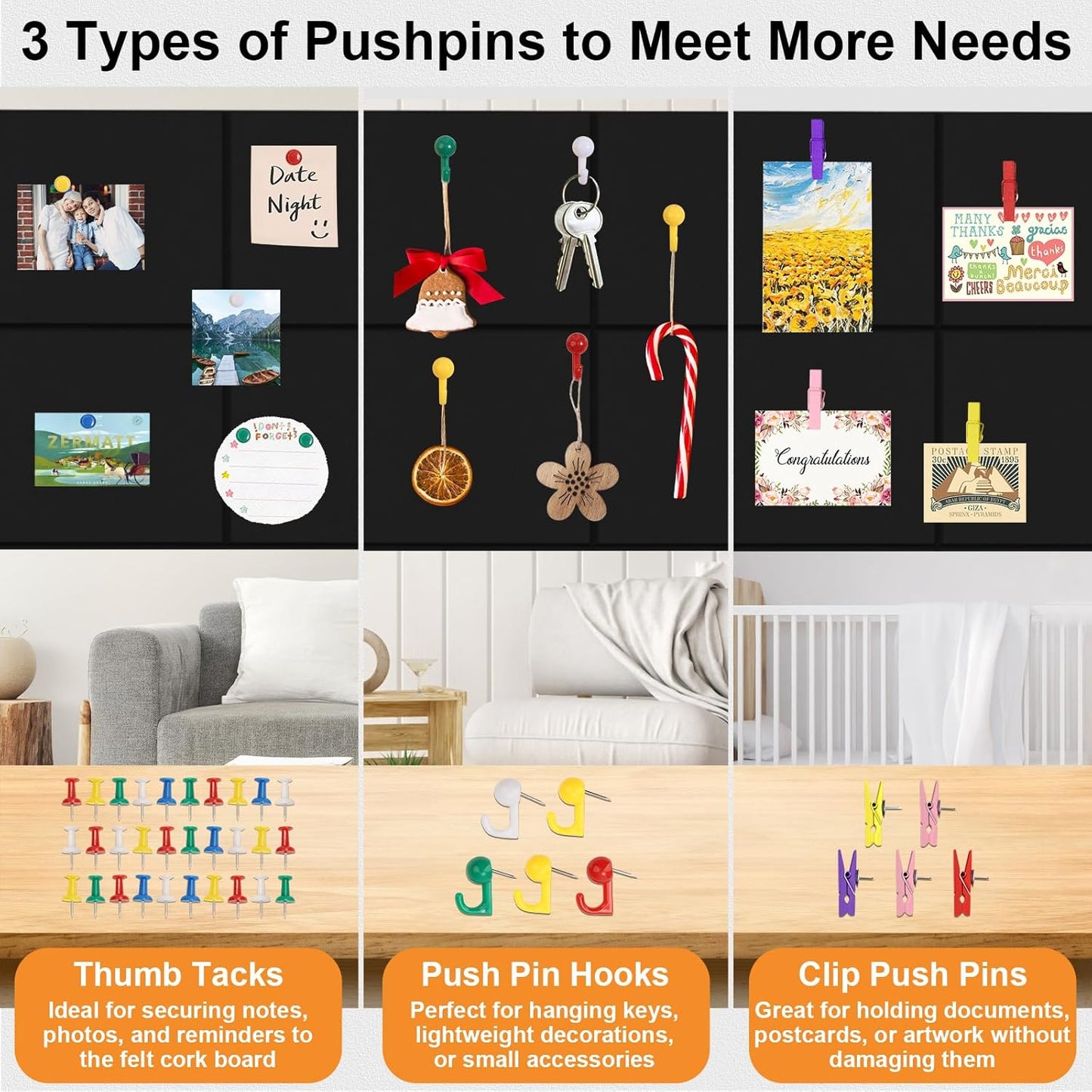 8 Pack 24"x48" Cork Boards for Walls, 89 Pcs Felt Cork Board Bulletin Board Kit with 40 Double-Sided Tapes, 30 Pushpins, 5 Clip Push Pins & 5 Push Pin Hooks, Wall Tile Vision Board for Office Home