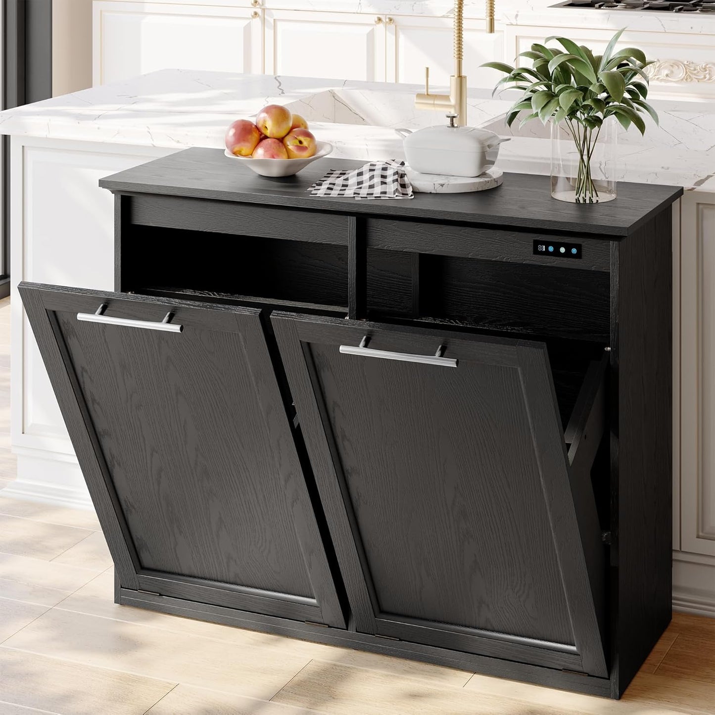 OLD CAPTAIN Tilt Out Trash Cabinet with Quick Installation and Deodorising Function, Wooden Freestanding Trash Can Cabinet Holds Up to 2x13 Gallons Capacity for Kitchen and Dining Room, Pure Black