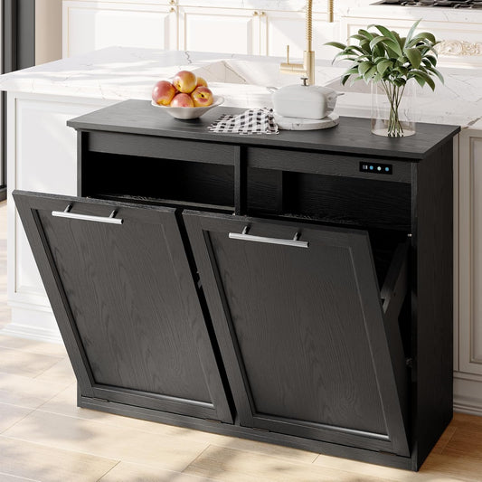OLD CAPTAIN Tilt Out Trash Cabinet with Quick Installation and Deodorising Function, Wooden Freestanding Trash Can Cabinet Holds Up to 2x13 Gallons Capacity for Kitchen and Dining Room, Pure Black