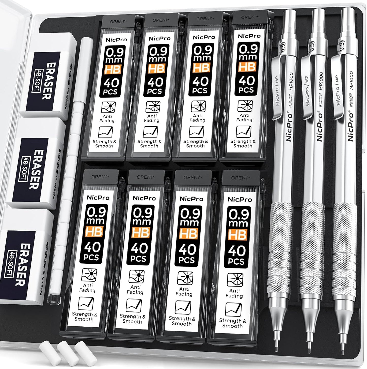 Nicpro 0.9 mm Metal Mechanical Pencil Set with Case, with 3PCS MP1000 0.9mm Drafting Pencil, 8 Tubes HB Lead Refills, 3PCS Eraser, Erasers Refills for Artist Writing, Drawing, Sketching, Silver