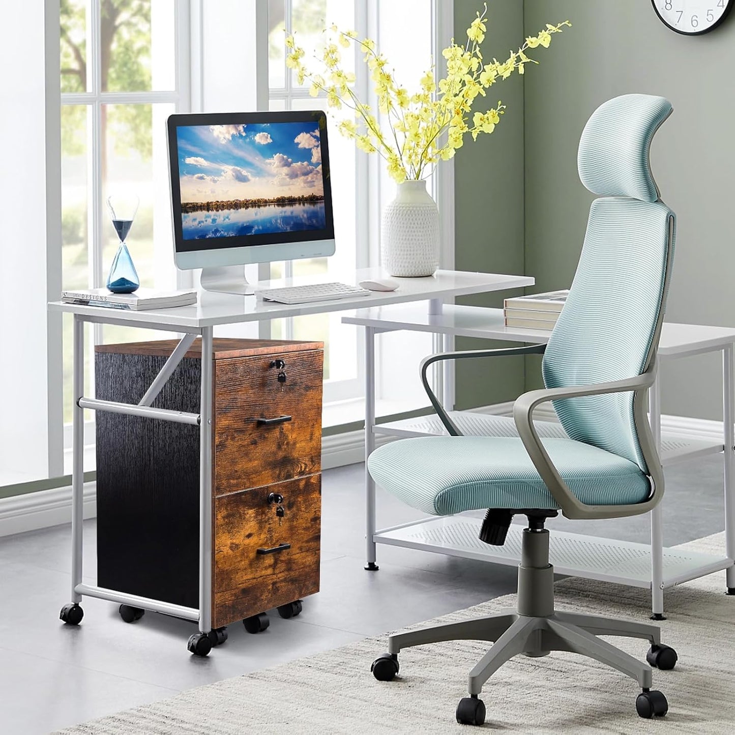 VINGLI 2-Drawer Small Rolling File Cabinet with Lock, Wood Filing Cabinet for Hanging Letter Size Filings with Tabs, Mobile Under Desk File Cabinets for Home Office, Rustic Brown & Black, 27.2" H