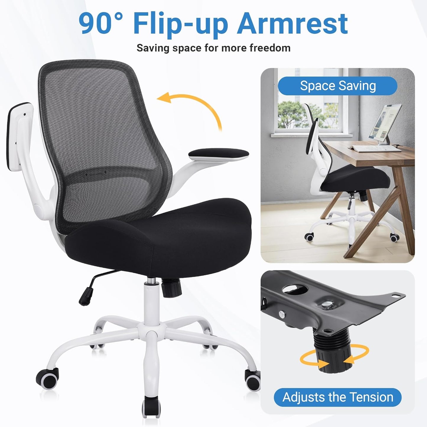 HYLONE Heavy Duty Office Chair, 5" Thickened Seat Ergonomic Desk Chair with Adjustable Armrests, Home Office Computer Chairs for Long Hours Mesh Executive Chair(White Base & Black)