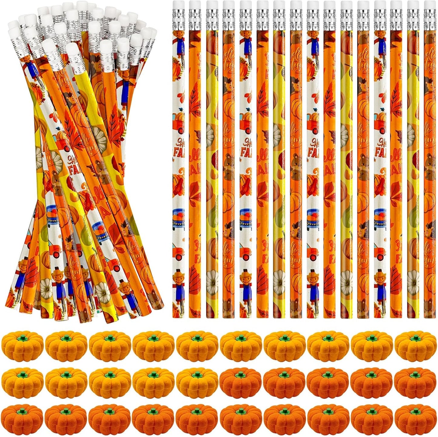Cinrobiye 60 Pieces Fall Thanksgiving Day Pencils with Pumpkin Eraser Bulk Fall Party Favors Maple Leaf Autumn Pumpkins Pencils Erasers for Harvest School Party Teacher Rewarding Supplies