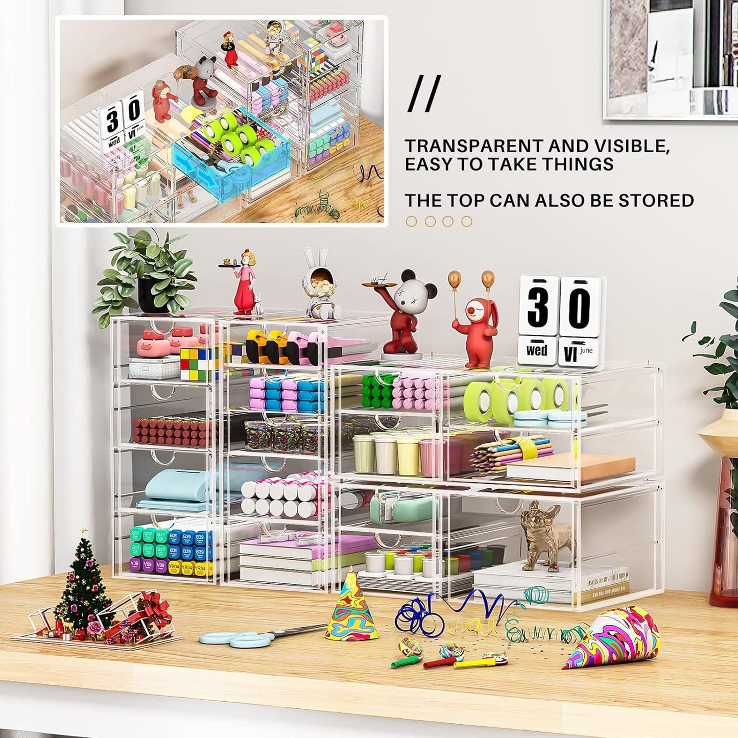 Makeup Organizer Storage With 16 Drawers, 4 Pcs Desktop Office Supplies, Desk Organizers, Clear Accessories, Dustproof Drawer and for Make Up, Jewelry, Pen, Stationary