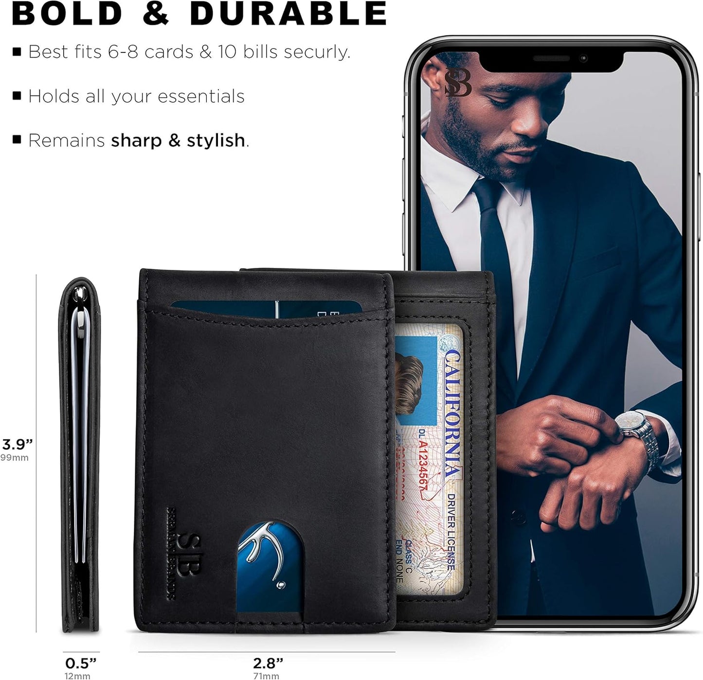 SERMAN BRANDS RFID Blocking Slim Bifold Genuine Leather Minimalist Front Pocket Wallets for Men with Money Clip Thin Gift