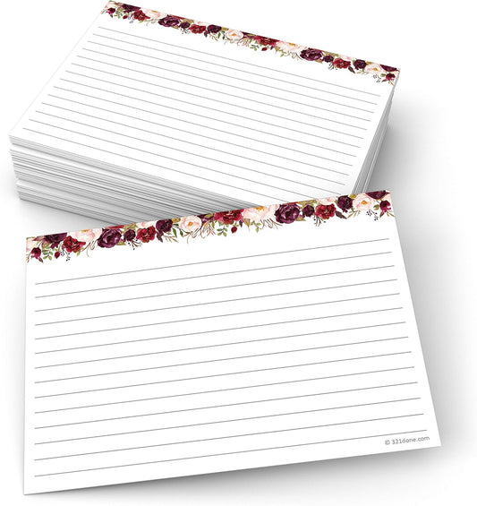 321Done Jumbo Floral Index Cards - Made in USA – Large 5x7 (Set of 50), College-Ruled Lined Notecards Double-Sided, Thick Heavy Duty Cardstock, Cute Pretty Flowers Red Roses on White Note Cards, XL