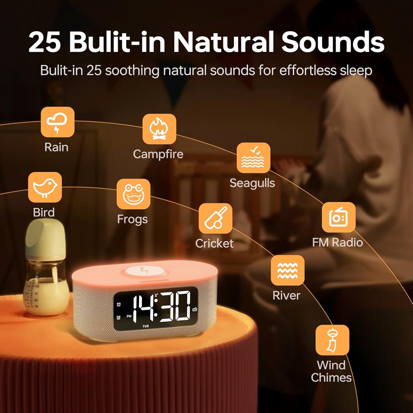 JALL Fabric Alarm Clock for Bedroom, with Big Led Screen Display, Bluetooth Stereo Sound Speaker, FM Radio, Fast Wireless Charging, USB Charging Port, Nightlight, White Noise, Ideal for Gift, Gray