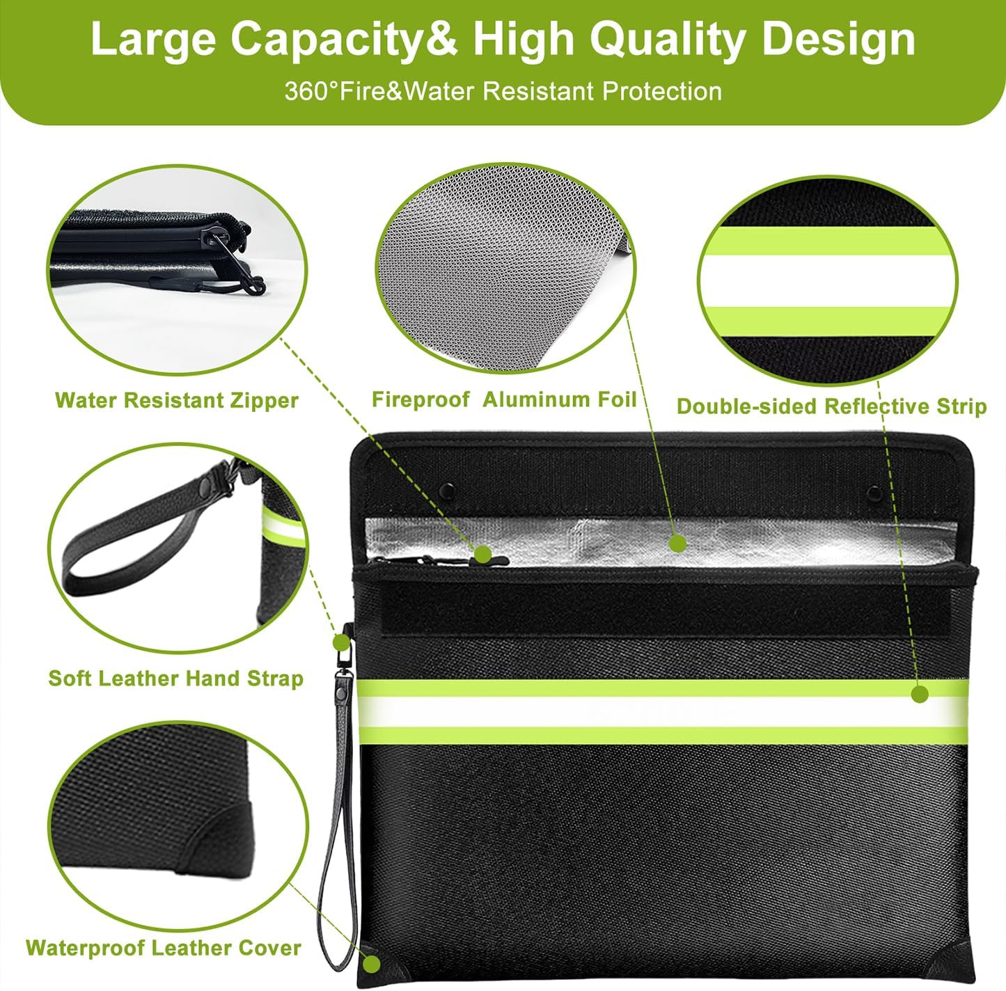 6500°F Fireproof Document Bag, Upgraded Fireproof/Waterproof Money Bag with Zipper/Reflective Strip,Storage Pouch for A4 Letter Size Document,Cash,Cell Phone,Passport