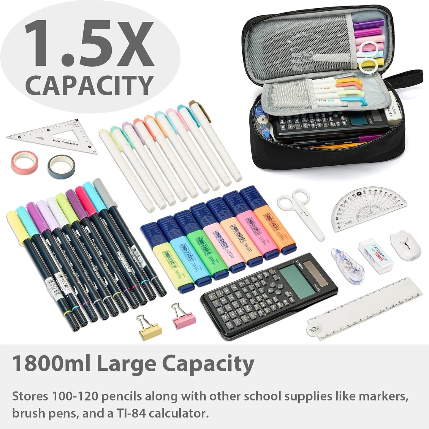 Pencil Case Pouch Box Bag School Supplies Girls Boys Kids, Cute Preppy Stuff Large Big Capacity Aesthetic Pen Organizer, Back to College Stationary, Black, Classic Stlye, 1800ml