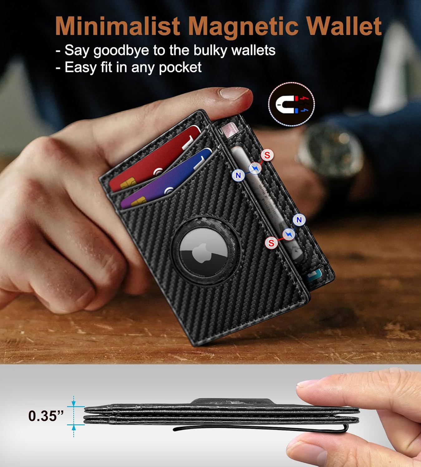 Airtag Wallet for Men- with Money Clip Gift Boxed, Magnetic Closure Slim Genuine Leather Front Pocket Wallet, 4.1"x 2.8", RFID Blocking