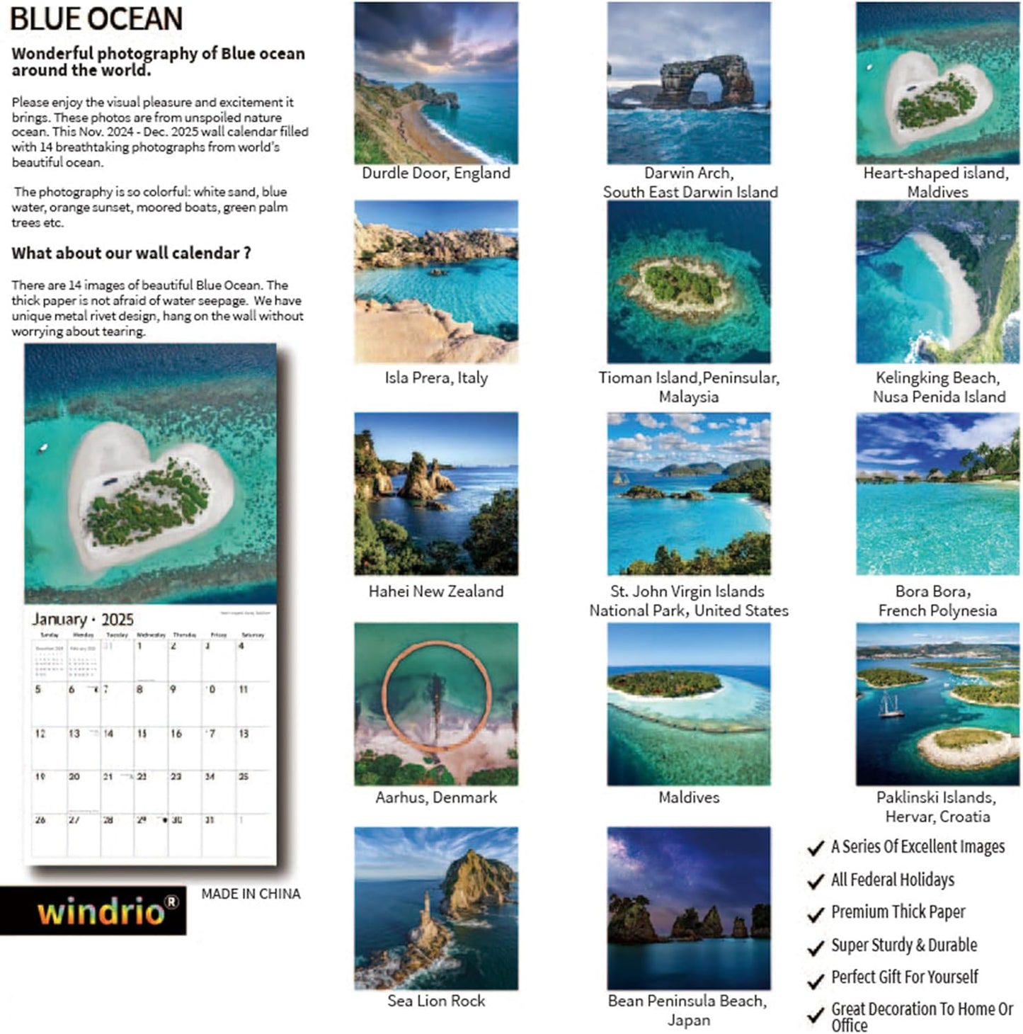 2025 Wall Calendar,Calendar 2025, January 2025 - December 2025, Wall Calendar Ocean Beaches, 12" x 24" Opened,Full Page Months Thick & Sturdy Paper for Calendar Organizing & Planning