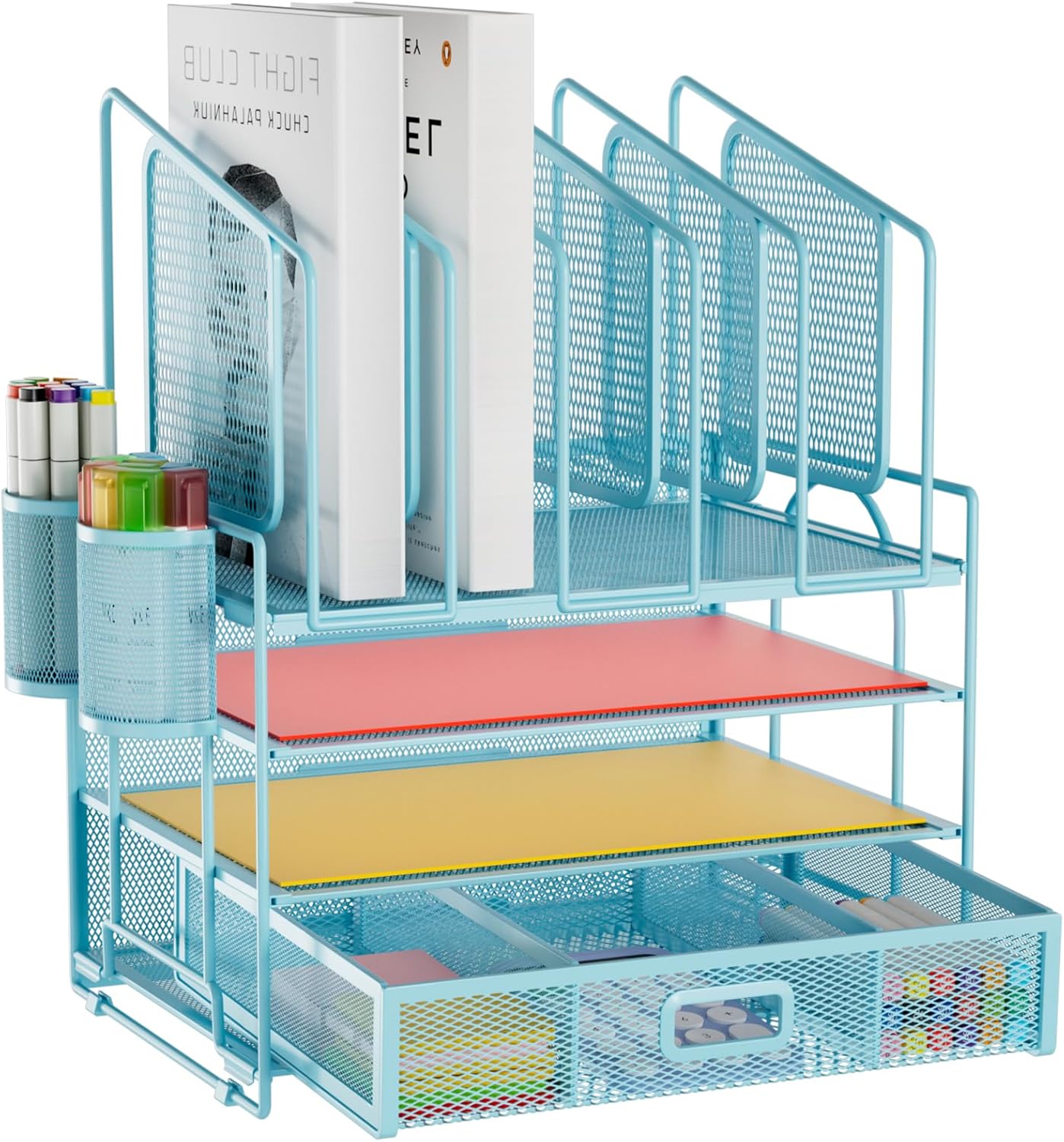 Marbrasse Desk Organizers, 4-Tier Mesh Desk File Organizer with 5 Vertical File Holders and 2 Pen Holders, Multifunction Desktop Organizer,Desk Organizers and Accessories for Home Office (Blue)