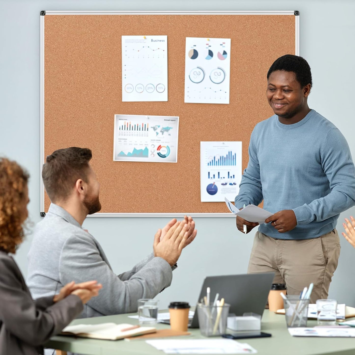 Board2by Extra Large Cork Bulletin Board 48" X 48", Silver Aluminum Framed 4'x4' Corkboard for Wall, Wall Mounted Notice Pin Board with 18 Push Pins for School, Home & Office