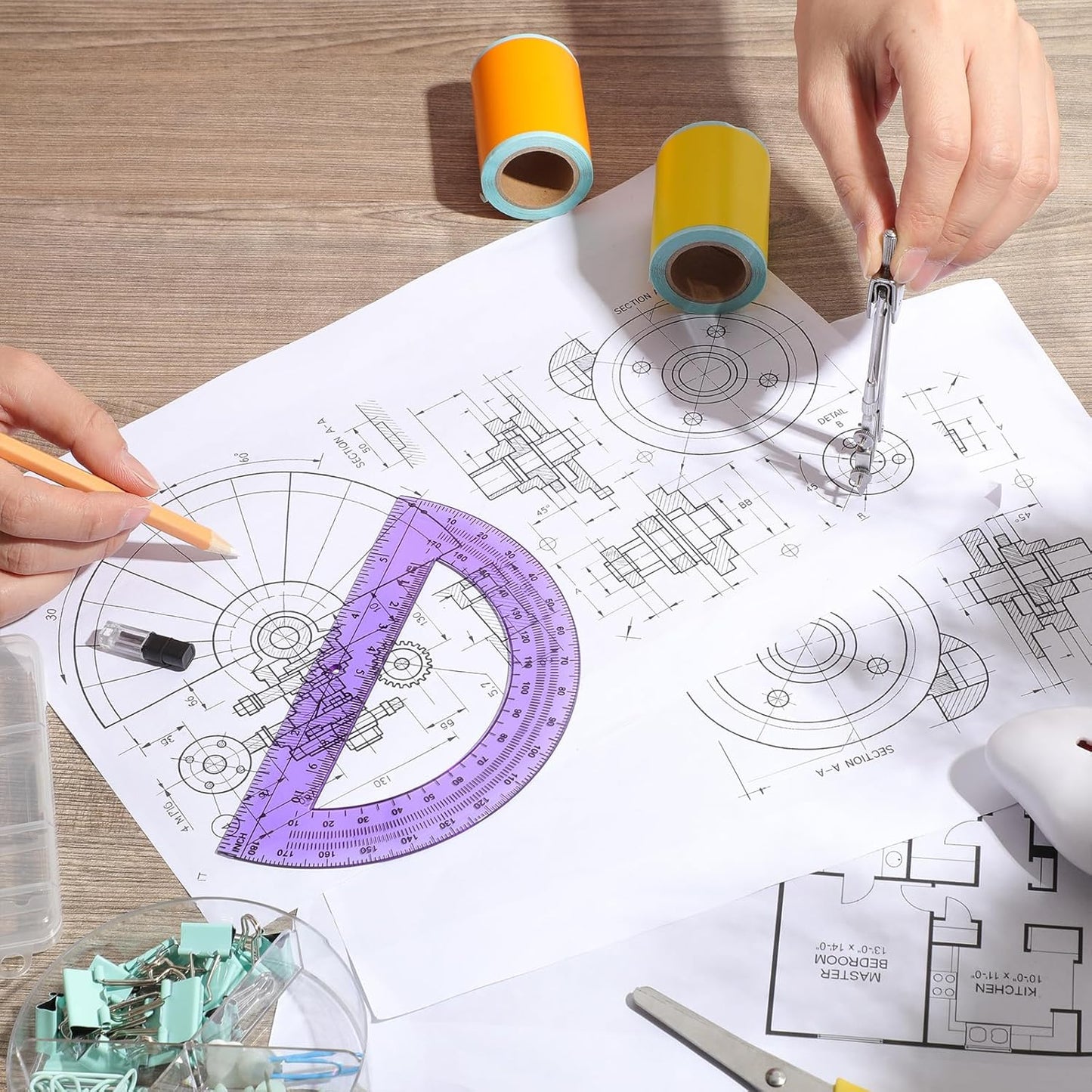 EBOOT Student Geometry Math Set, Drawing Compass and 6 Inch Swing Arm Protractor 180 Degree Math Protractor (Purple)