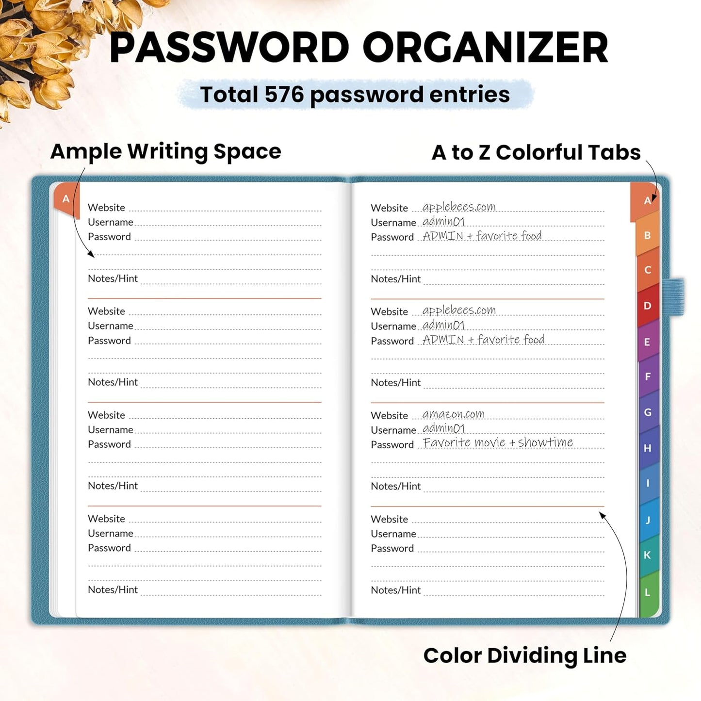 SUNEE Password Book with Colorful Alphabetical Tabs, Password Books for Seniors, Password Keeper Book for Computer and Internet Address Website Login, 5.3''x 7.7''- Petrol