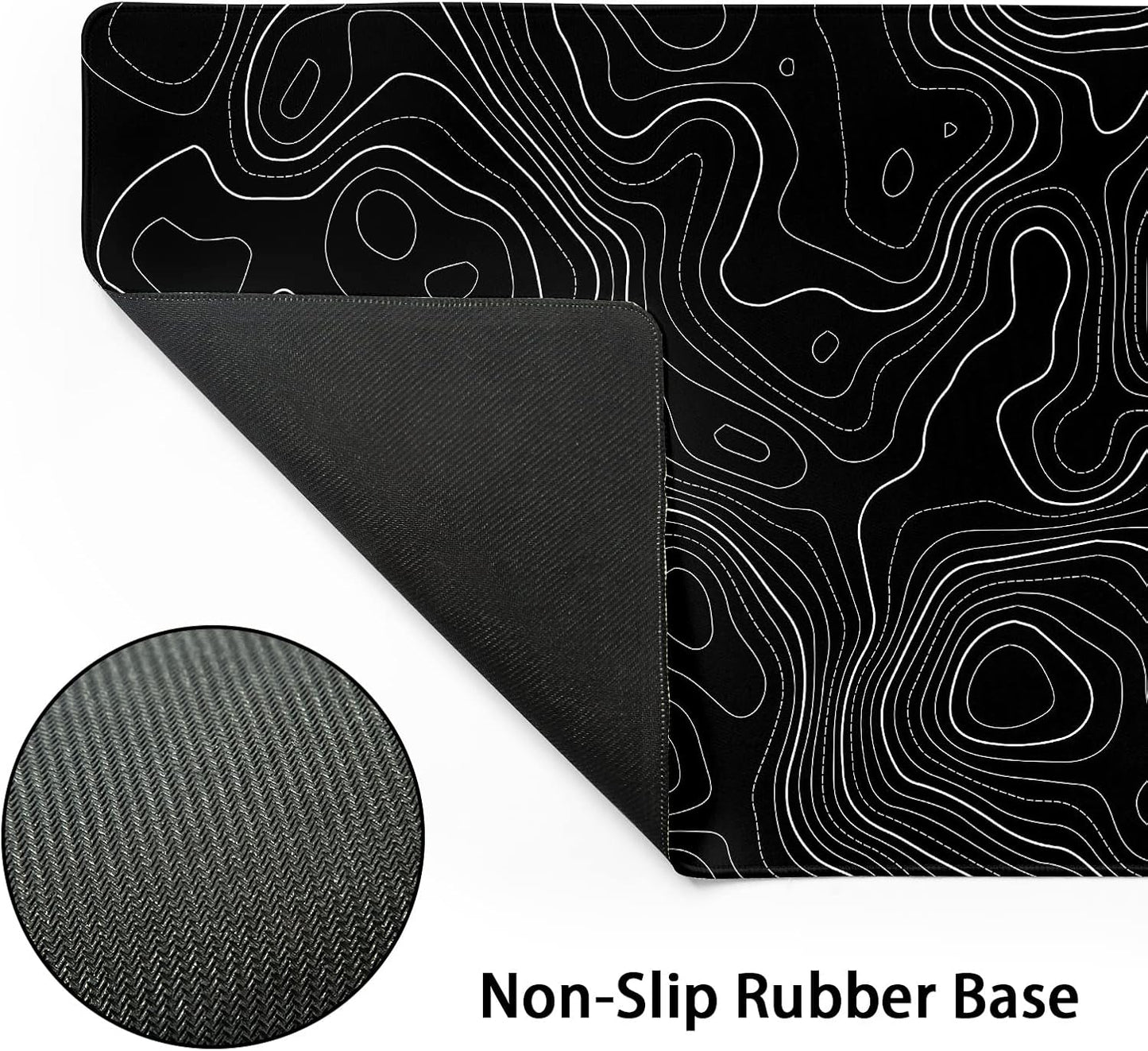 Topographic Contour Black Gaming Mouse Pad XL Topo Geographic Map Lines Extended Large Mouse Pad Big Desk Mat Non-Slip Rubber Base Stitched Edge Long Keyboard Playmat for Desk Computer,31.5×11.8 in
