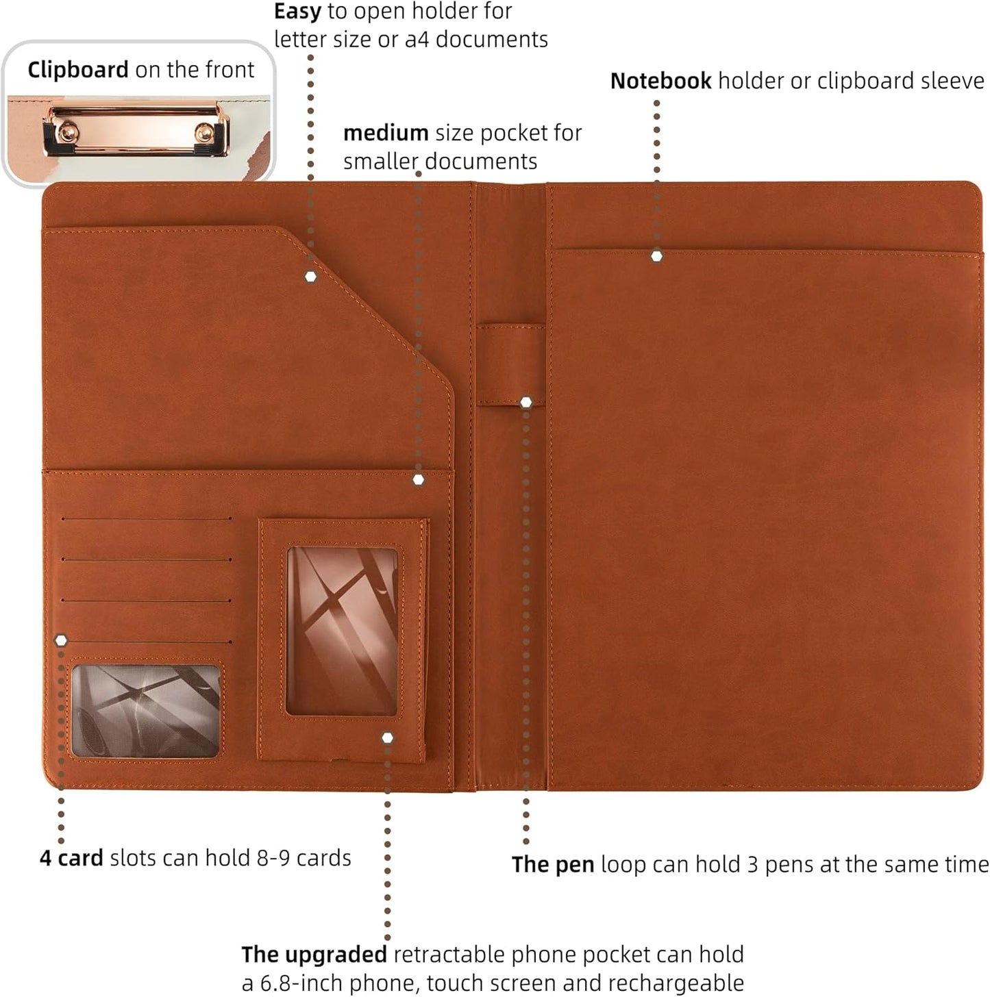 Clipboard Folio Folder Portfolio with Notepad-Pocket Business Card Holder Brown Faux PU Leather Portfolio
