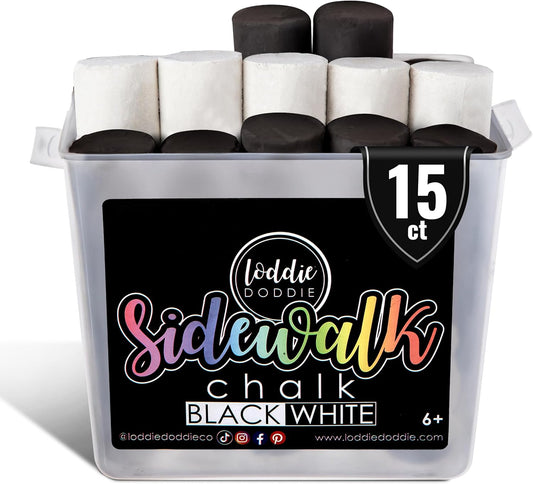 Loddie Doddie Sidewalk Chalk Jumbo Sticks - 15 Count Bucket, 10 Black & 5 White - Non-Toxic Low-Dust Sticks For Kids & Adults - Outdoor Chalk Bucket For Kids Activities