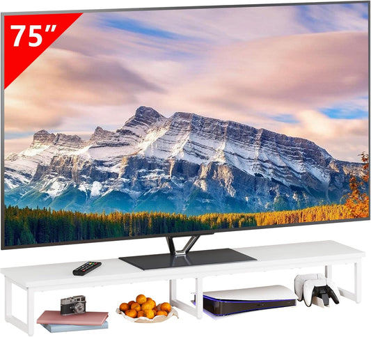 Clikuutory 59" Large TV Riser for 32-75 inch TVs, Tabletop Stand with Steel Legs, Storage & Dual - Screen Office Desk Function, Ideal for Home Office, Bedroom, Living Room, White